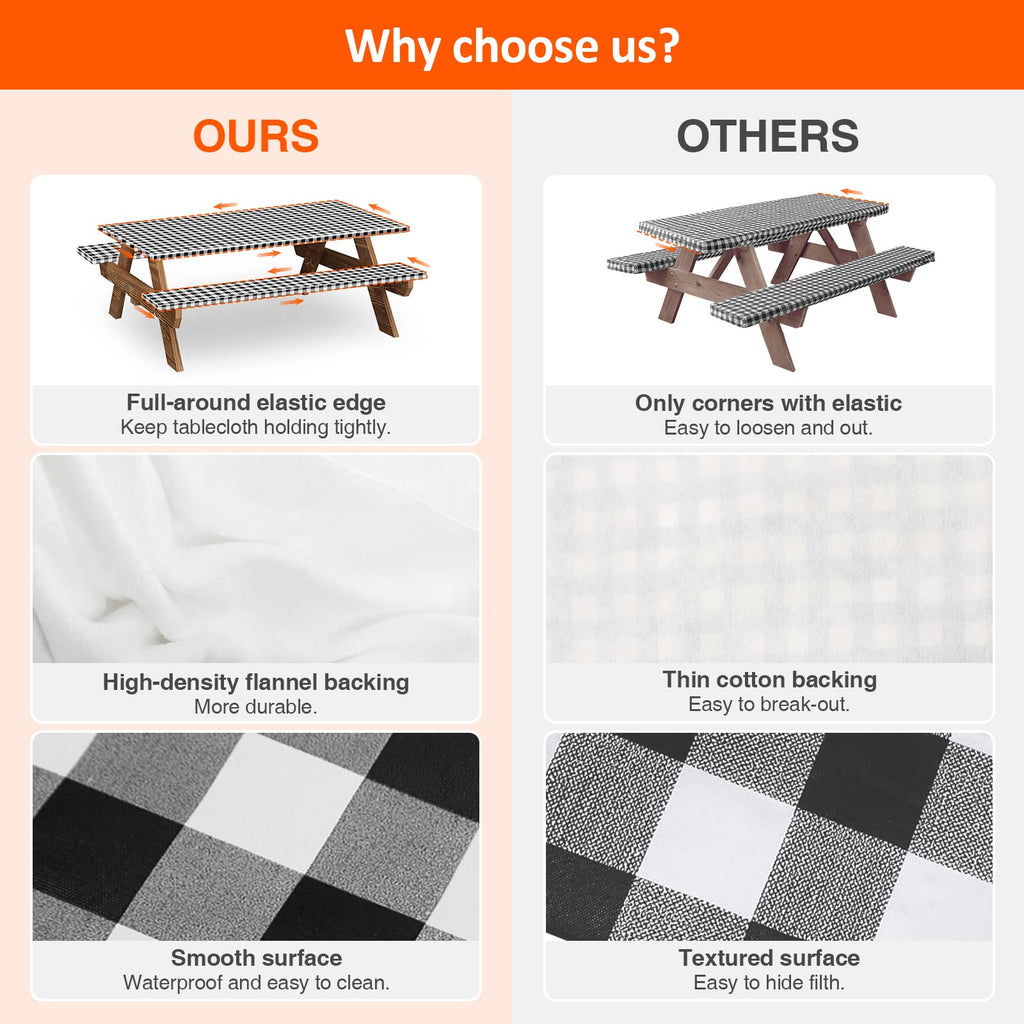KENOBEE 6ft Picnic Table and Bench Cover, Camping Essentials RV Gear, 72in Waterproof Windproof Outdoor Elastic All Around Tablecloth, Fitted Rectangle Tables and Seats, Black-White Checkered