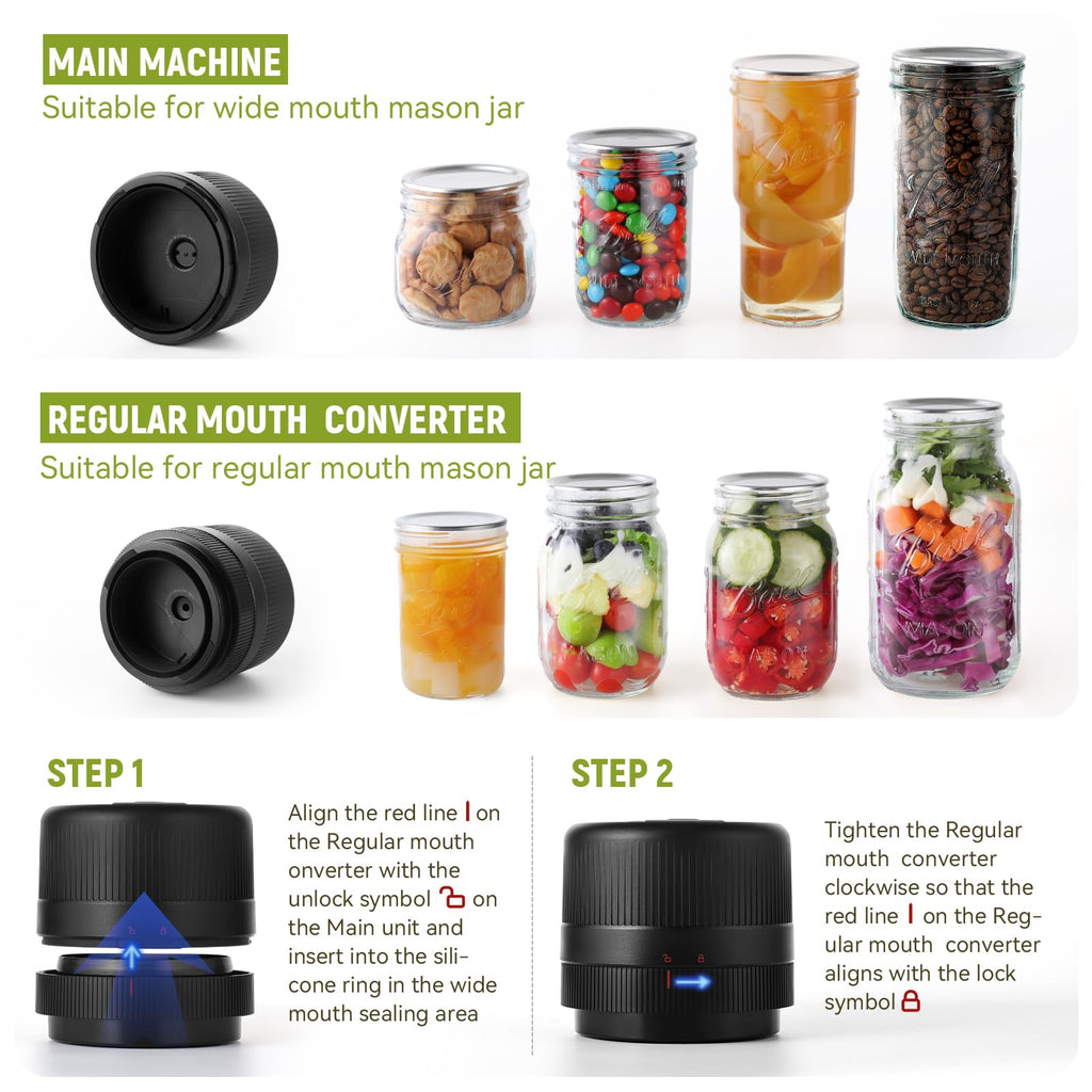Yonktoo Electric Mason Jar Vacuum Sealer Kit with Auto-Stop Cordless One-Button Vacuum Sealer for Wide & Regular Mouth Jars, LED Display, Includes 8 Lids for Food Storage & Canning