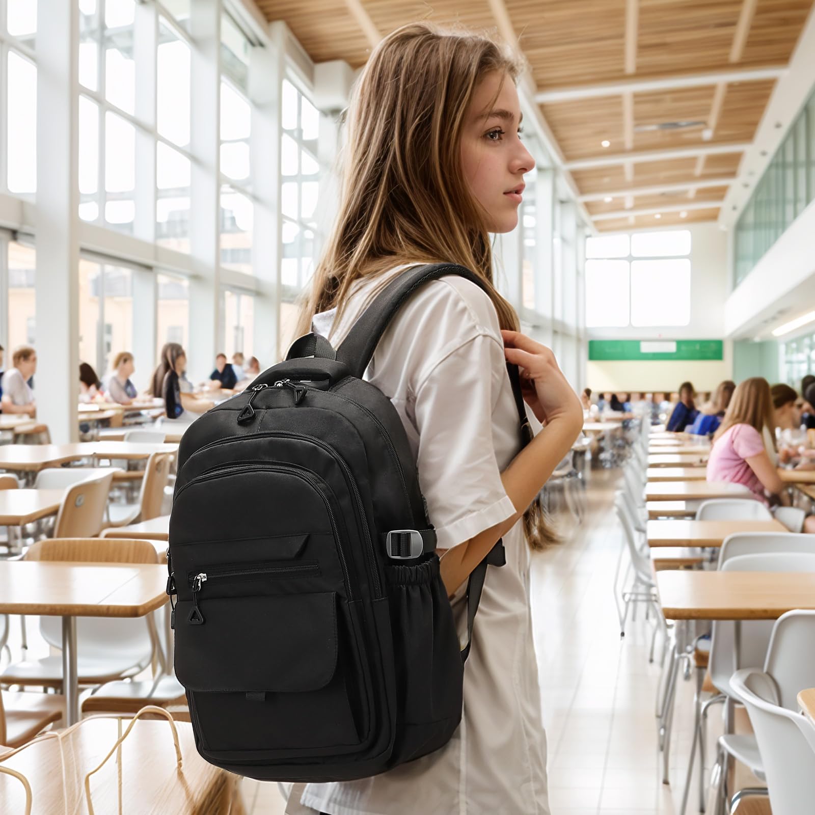 SUIKIHUM Aesthetic Daypack Backpack, Water-Resistant 15.6" Laptop Backpack for Women and Men, Featuring Touch-Fastener and Anti-Theft Pockets (Black)