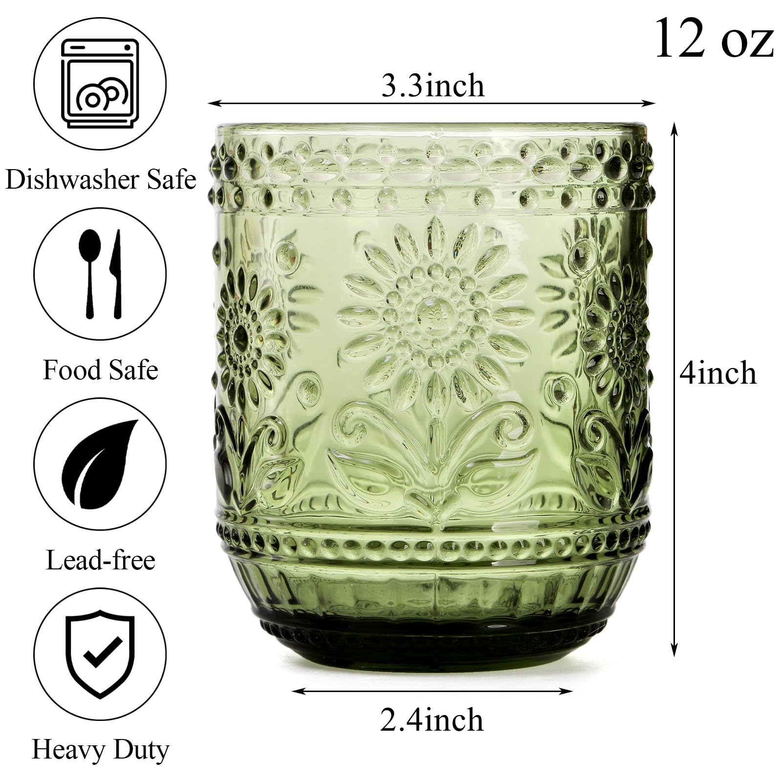 Hacaroa Set of 6 Vintage Drinking Glasses, 12 Oz Green Colored Glassware Floral Embossed Water Glasses, Decorative Glass Tumbler Cups for Beverages, Cocktail, Whiskey, Beer