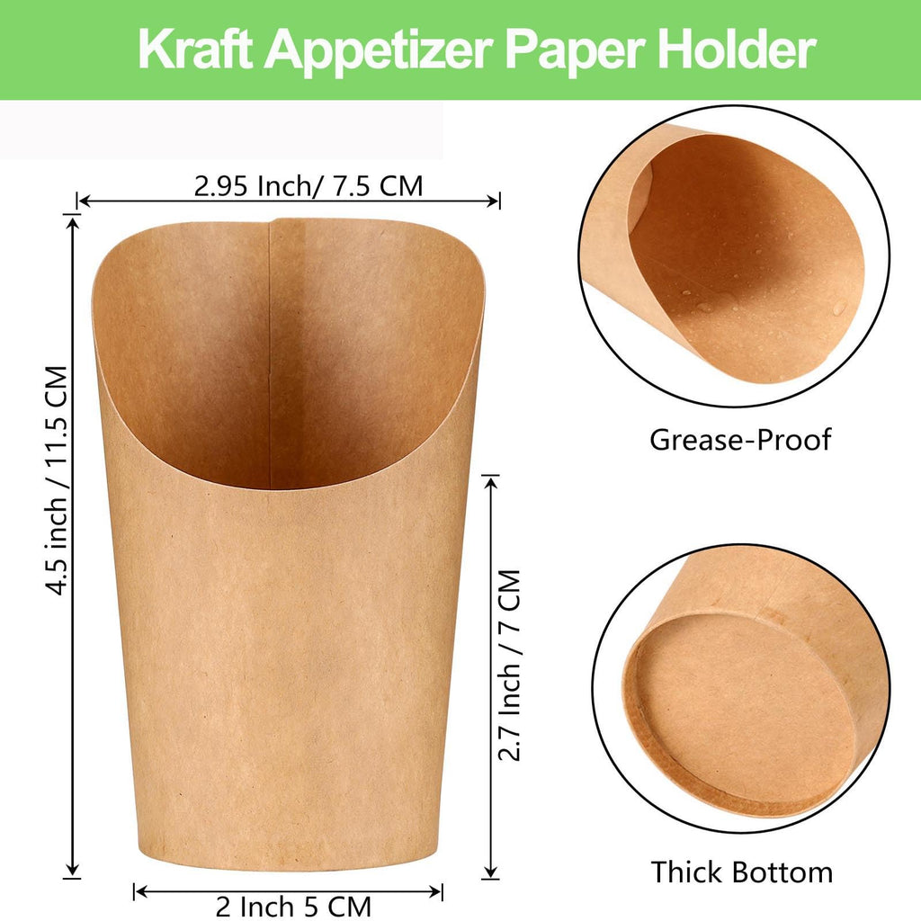 12 Oz Charcuterie Cups with Bamoo Skwers, Paper Snack Appetizer Cups with Cocktail Picks, French Fry Holder Brown Kraft, Disposable Popcorn Cones Party Favor(50 Cups + 200 Skewers)