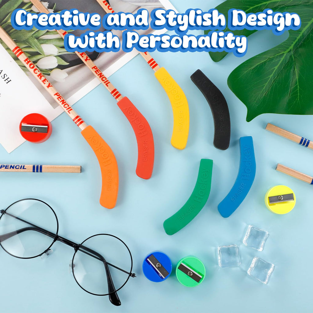 OT-NVWOZR 18pcs Hockey Pencils with Erasers, 9 Inch Multicolor Hockey Sticks Pencils with 8pcs Mini Round Pencil Sharpeners, Fun Cool Pencil Gifts for Fans Students, Sports Party Favors