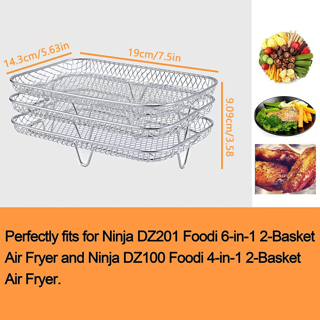 Three Stackable Dehydrator Racks Air Fryer Rack for Ninja Dual Fryer, Air Fryer Accessories 304 Stainless Steel Air Fryer Basket Tray for Oven and Press Cooker Compatible (Rectangle)