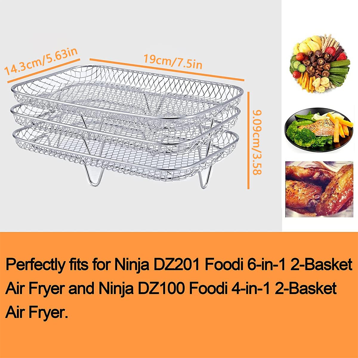 Three Stackable Dehydrator Racks Air Fryer Rack for Ninja Dual Fryer, Air Fryer Accessories 304 Stainless Steel Air Fryer Basket Tray for Oven and Press Cooker Compatible (Rectangle)
