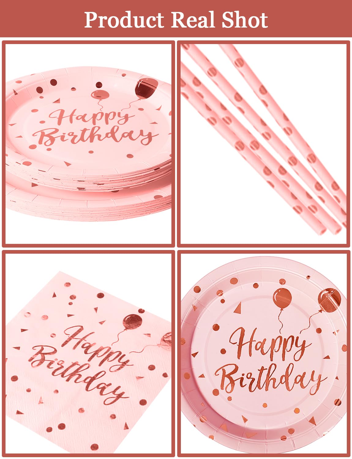 Nkaiso Party Tableware 121Pcs Pink and Rosegold Happy Birthday Theme Kids Birthday Decoration Party Accessories Set Includes Paper Plates Napkins Cups, for Party Supplies-24 Guests