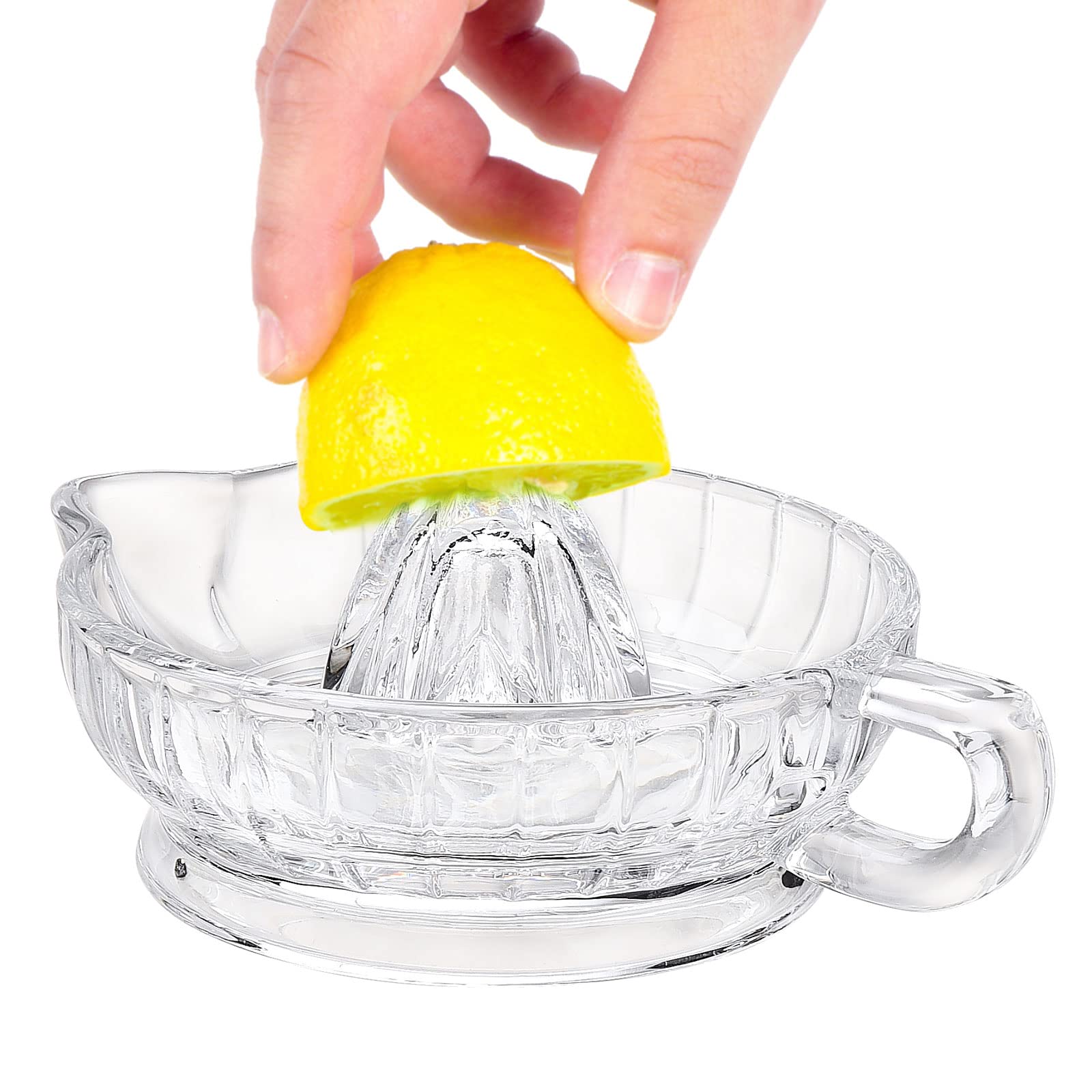 Manual Lemon Squeezer, Glass Juicer for Citrus Fruits, Oranges, Lemons, Limes, in Seconds, Modern Design, Crystal Glass, Handle, Pour Spout, Easy to Use, Widely Used,