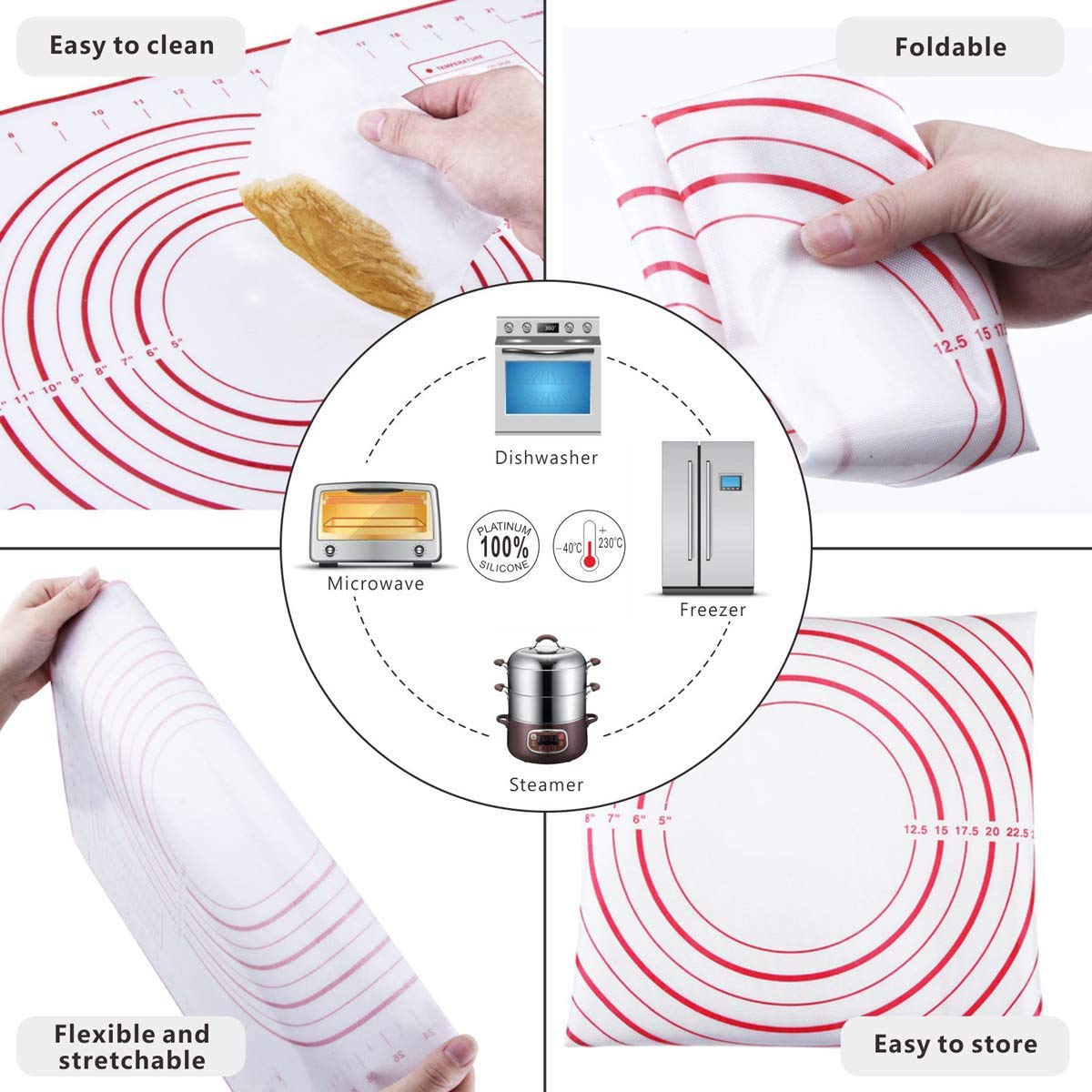 Rolling Pin and Baking Mat Set, Adjustable Stainless Steel Rolling Pins Dough Roller Cake Leveler with 4 Removable Adjustable Thickness Rings for Baking Dough Pizza Pie Pasta Fondant and Cookies