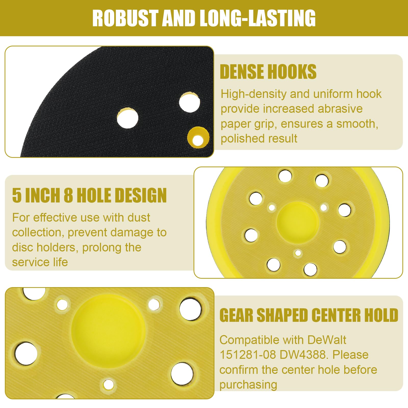 5 Inch Sander Pad Replacement Compatible with Dewalt Orbital Sander DW421 DW422 DW423 D26451 D26453, 8 Hole Hook and Loop Sanding Pad Replaces 151281-08 DW4388(2 Pcs)