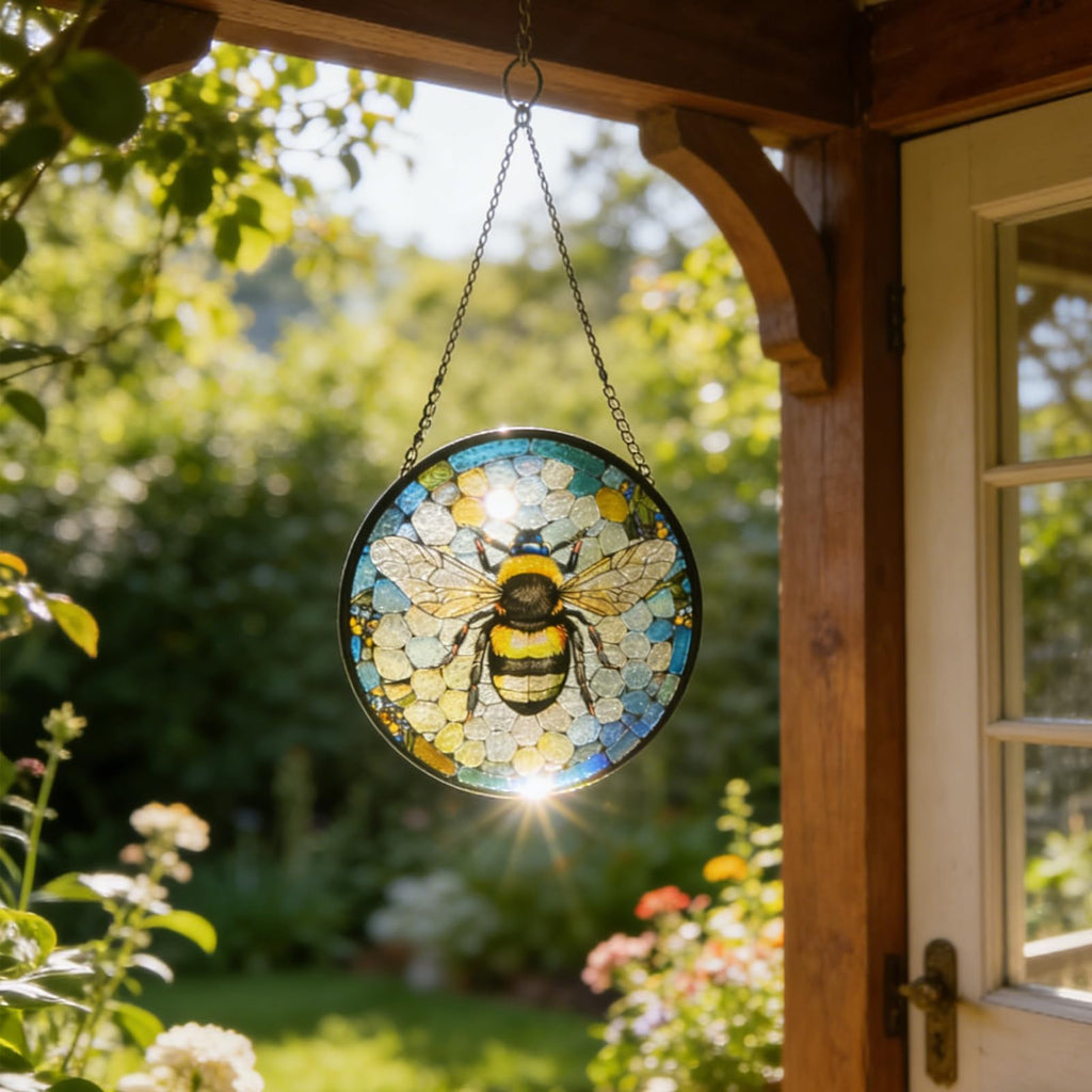 Huyfoig Ice Crack Bee Stained Glass Window Hanging, Bumblebee on Honeycomb Suncatchers for Windows Hanging Ornament for Home, Office Decor Christmas Birthday Gift for Mom Grandma (8""/20cm), HUY216
