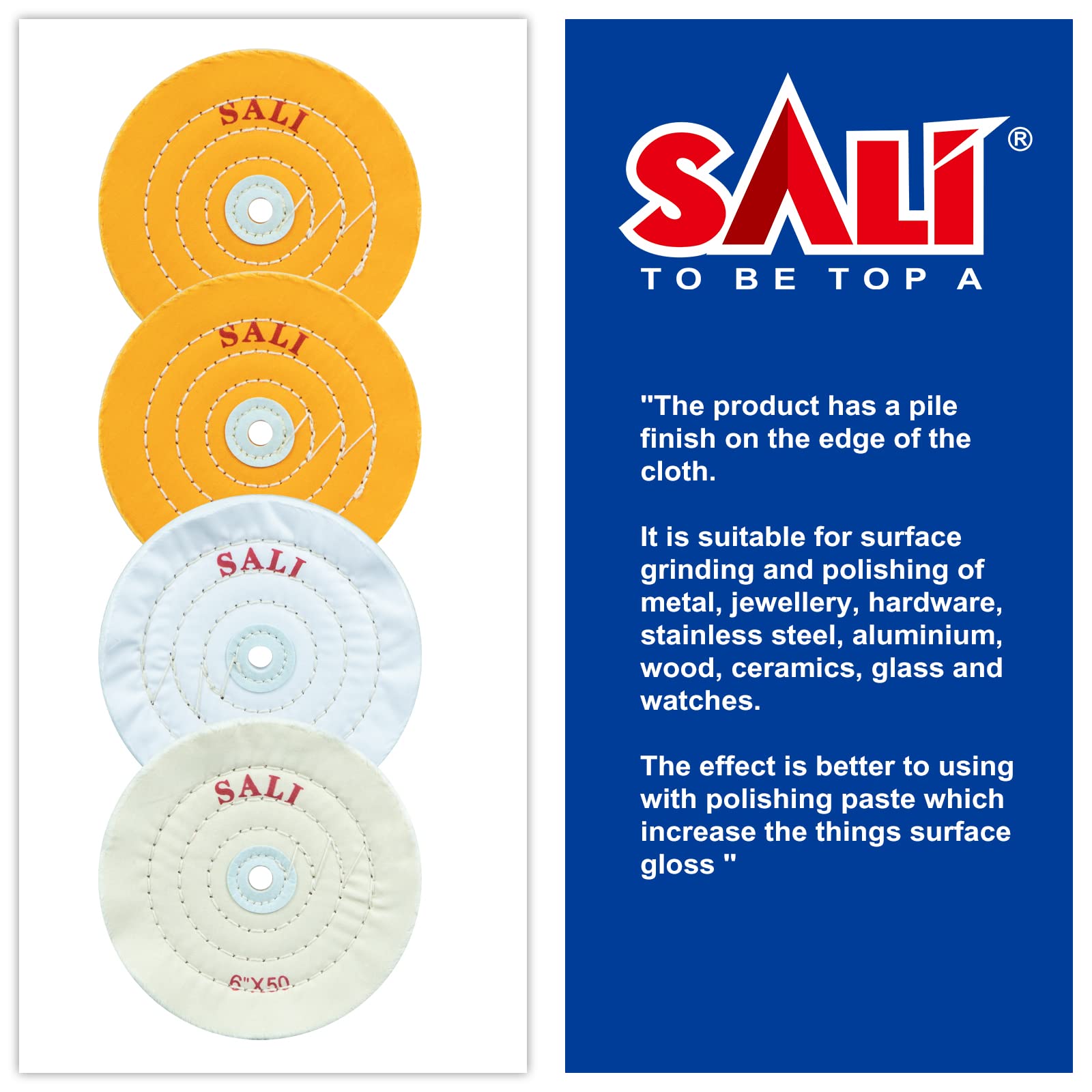 SALI 4 Pack Polishing Wheel for Bench Grinder 6" Buffing Wheel 2 *Yellow Cotton,1*White-Medium Cotton,1* White-Fine Cotton (50 Ply) for Buffer Polisher Pad 1/2'' Arbor Hole with Polishing Compound Kit