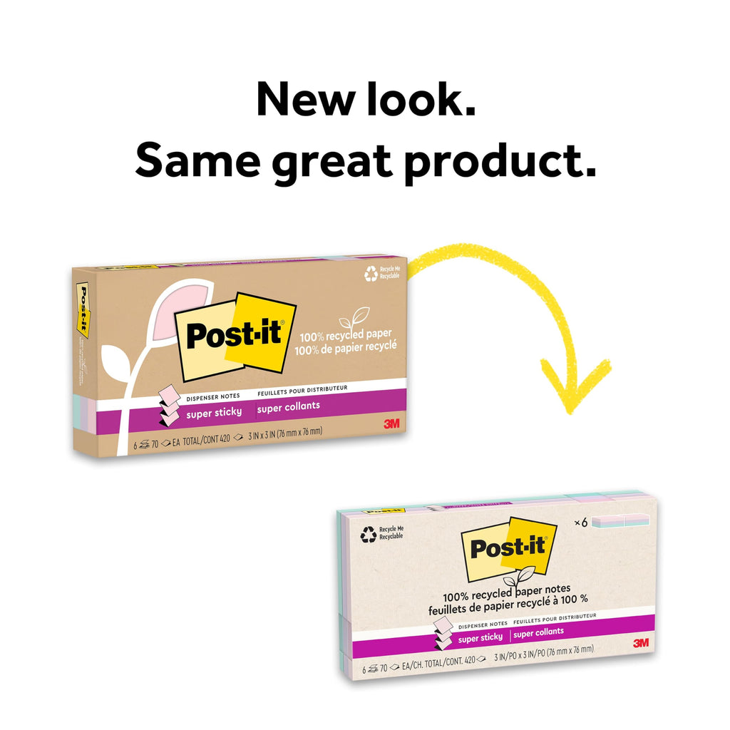 Post-it 100% Recycled Paper Super Sticky Notes, 2X The Sticking Power, 3x3 in, 6 Pads/Pack, 70 Sheets/Pad, Wanderlust Pastels Collection (R330R-6SSNRP)
