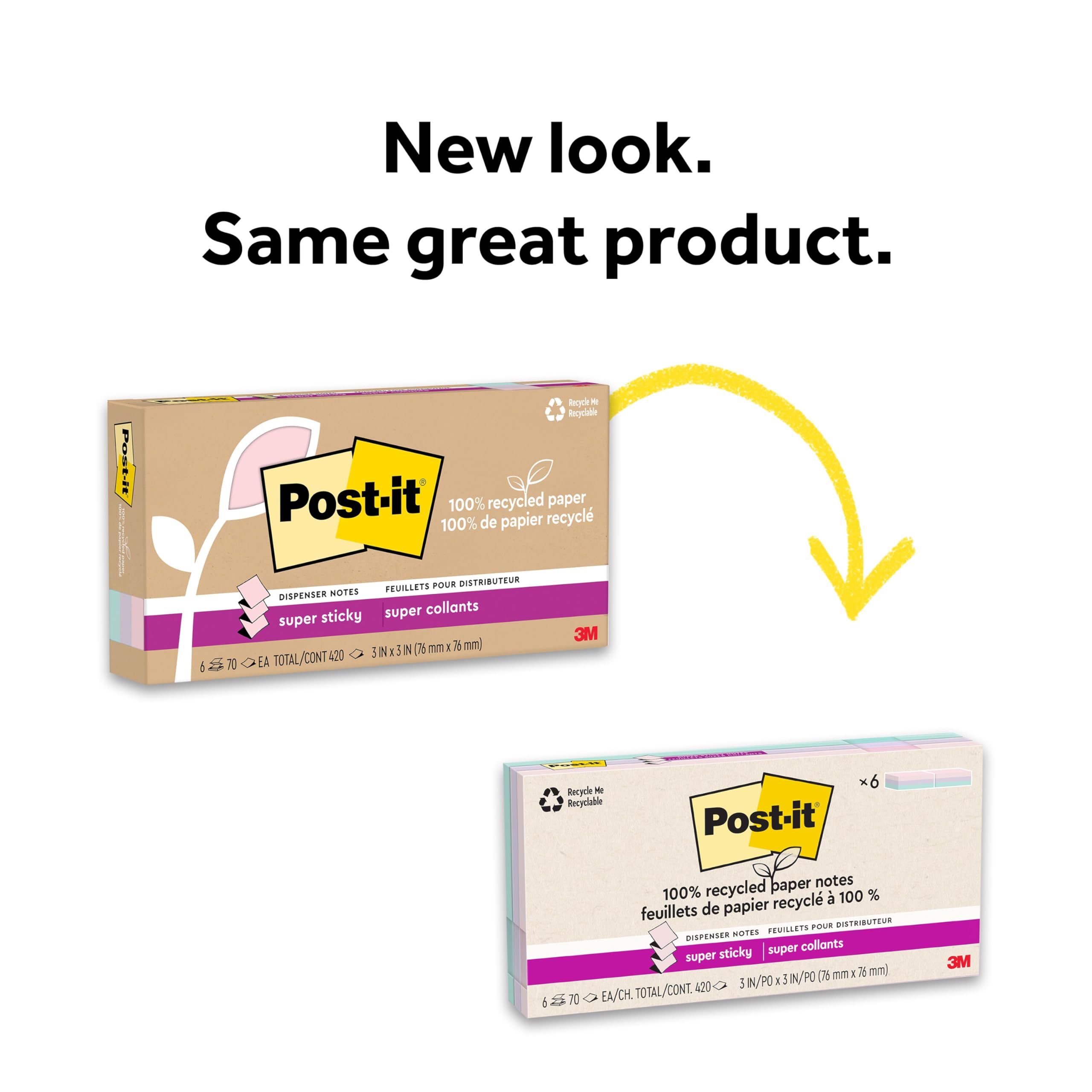 Post-it 100% Recycled Paper Super Sticky Notes, 2X The Sticking Power, 3x3 in, 6 Pads/Pack, 70 Sheets/Pad, Wanderlust Pastels Collection (R330R-6SSNRP)