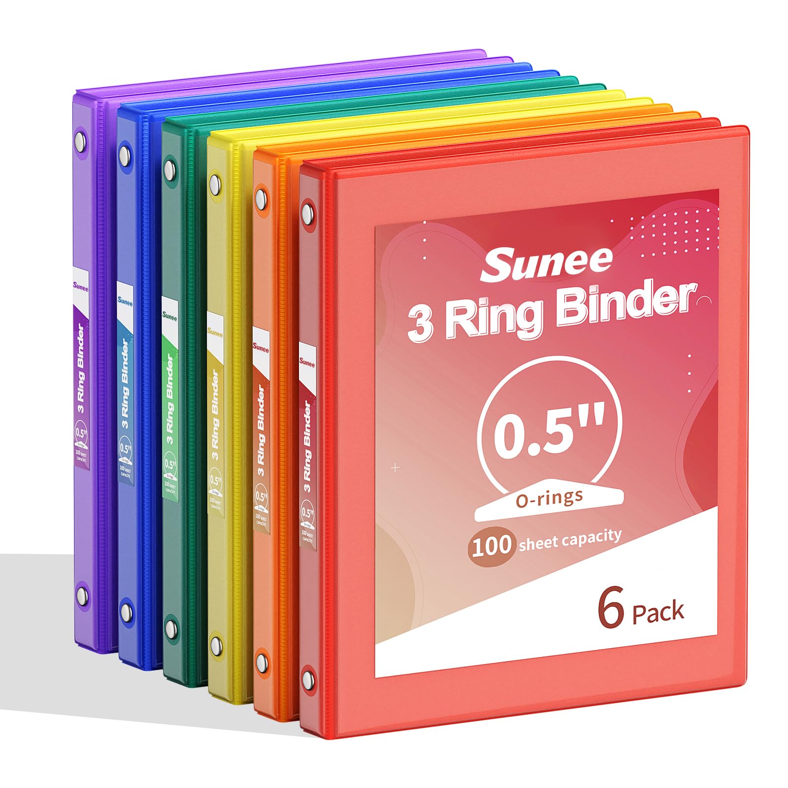 SUNEE 1/2 Inch Binders 3 Ring 6 Pack, 3 Ring Binders Half Inch Clear View PVC-Free (Fit 8.5x11 Inches) for School Binder or Office Binder Supplies, Classic 6 Colors