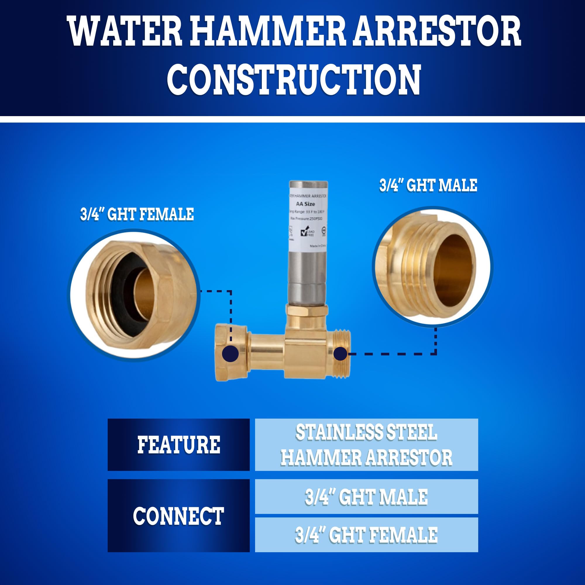 New Age America® AquaFlow 360™ 2pcs Hammer Arrestor | Straight | Washing Machine | 3/4" Male GHT & 3/4" Swivel Female GHT | 304 Stainless Steel & Brass