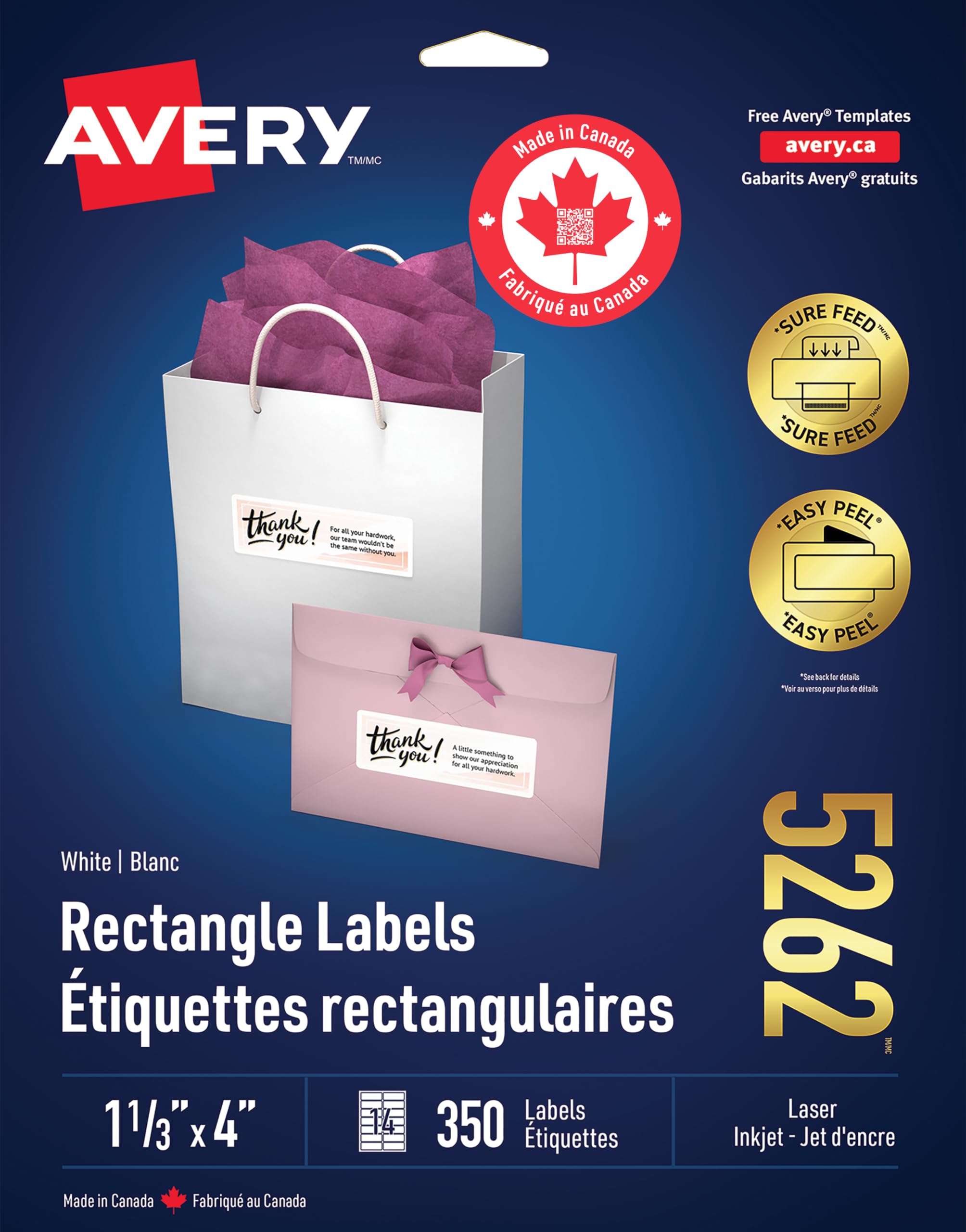 Avery White Rectangle Labels with Easy Peel for Laser/Inkjet Printers, 1-1/3" x 4", 350 Labels, Permanent (5262) Made in Canada