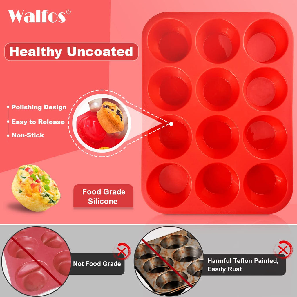 Walfos Silicone Muffin Pan - 12 Cups Regular Cupcake Pan, Non-Stick Silicone Muffin Tin for Egg Muffin, Cupcake, Tart, Bread, BPA Free - 2 Pack