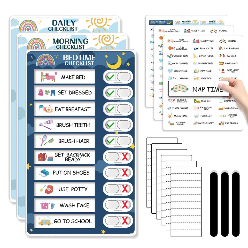 3 in 1 Bedtime/Morning/Daily Routine Chart for Kids, Magnetic Chore Chart for Kids, Behaviour Chart for Kids Toddlers to Do List Board for Home