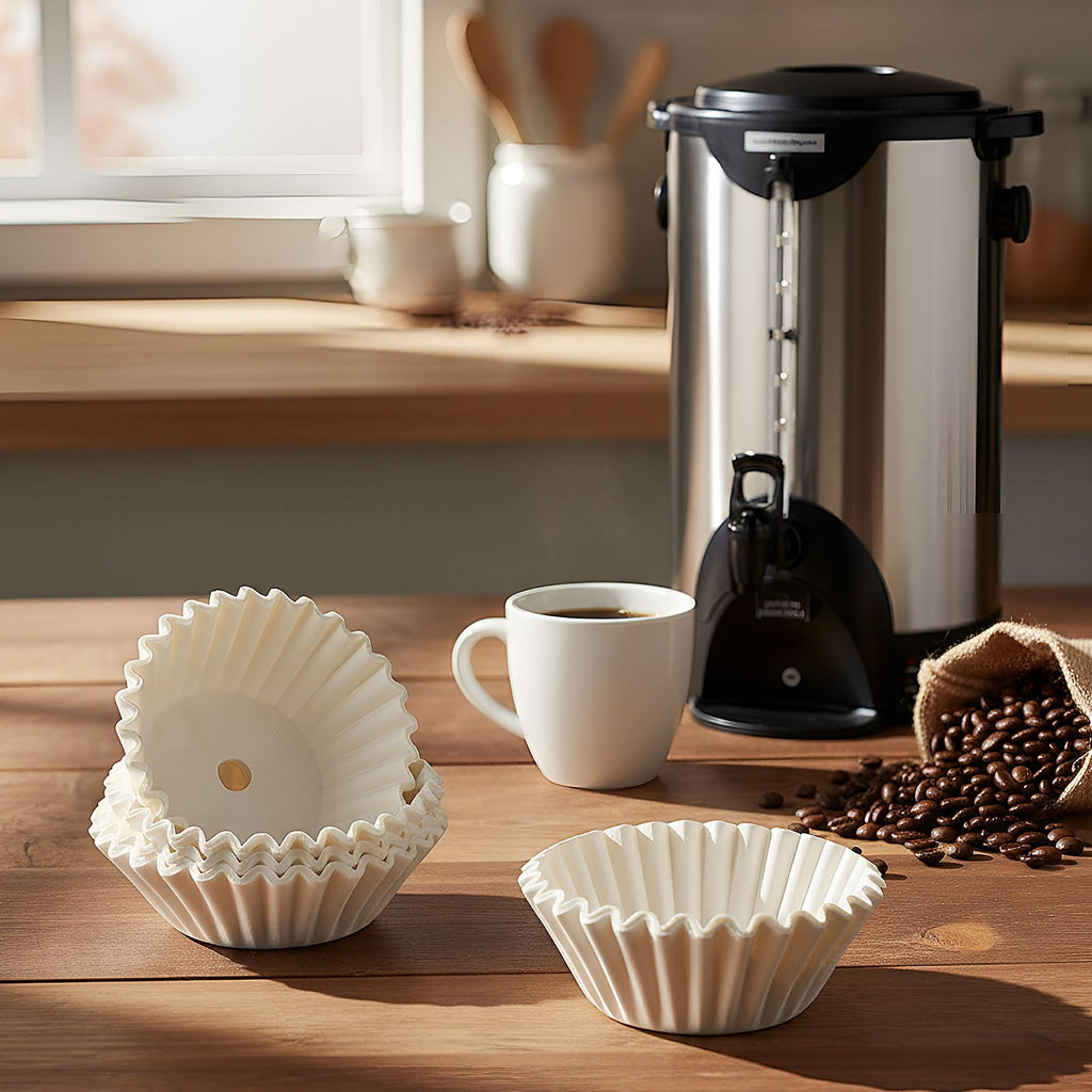 Feifeiya 100 Pcs Pre-Punched Holes Coffee Filters for 100 Cup Coffee Urn Brewing Basket & Hot Beverage Dispenser 9.8 x 4.3 Inch Disposable Natural Wood Pulp Paper Filters with Tall-Sided Design