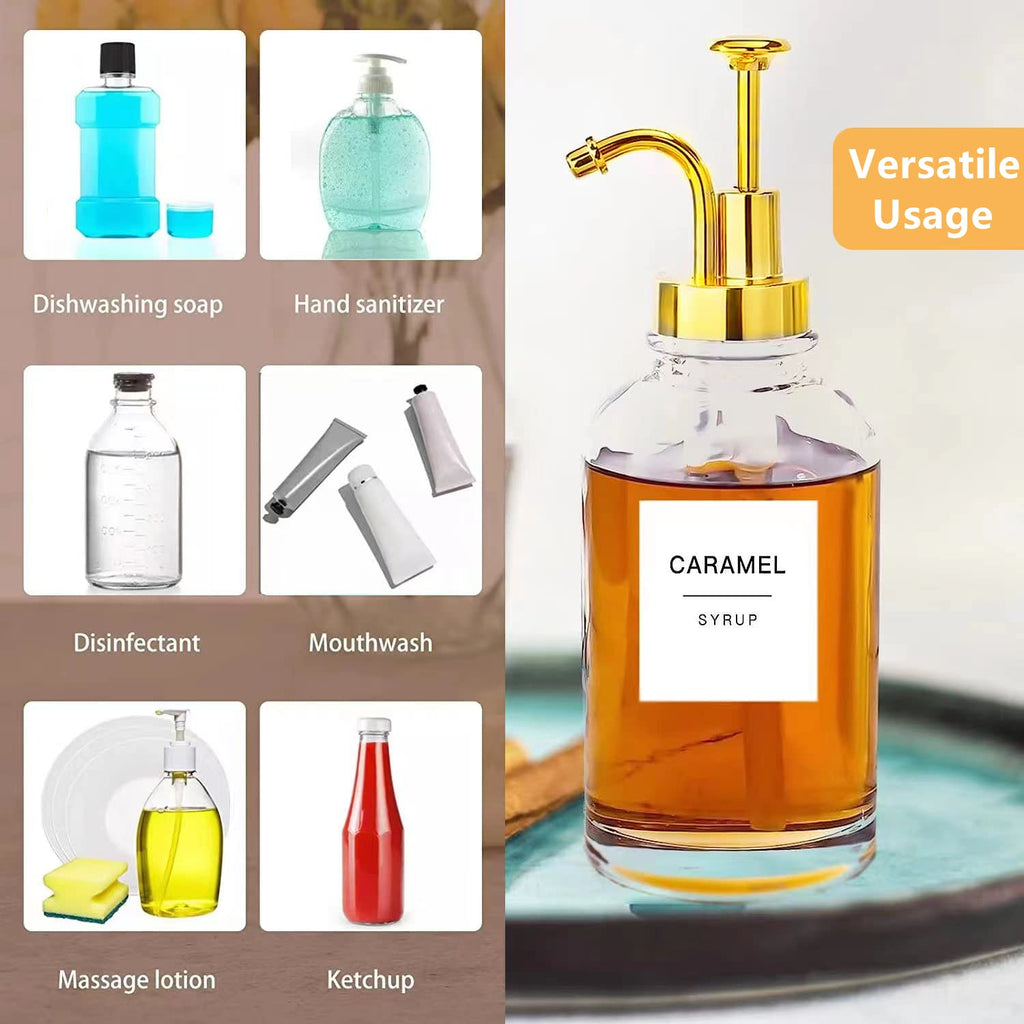 Coffee Syrup Dispenser with 36 Labels and Pump,Coffee Pump Dispenser,Simple Glass Syrup Bottle for Bar,16.9oz 500ml,Set of 2 (Gold)