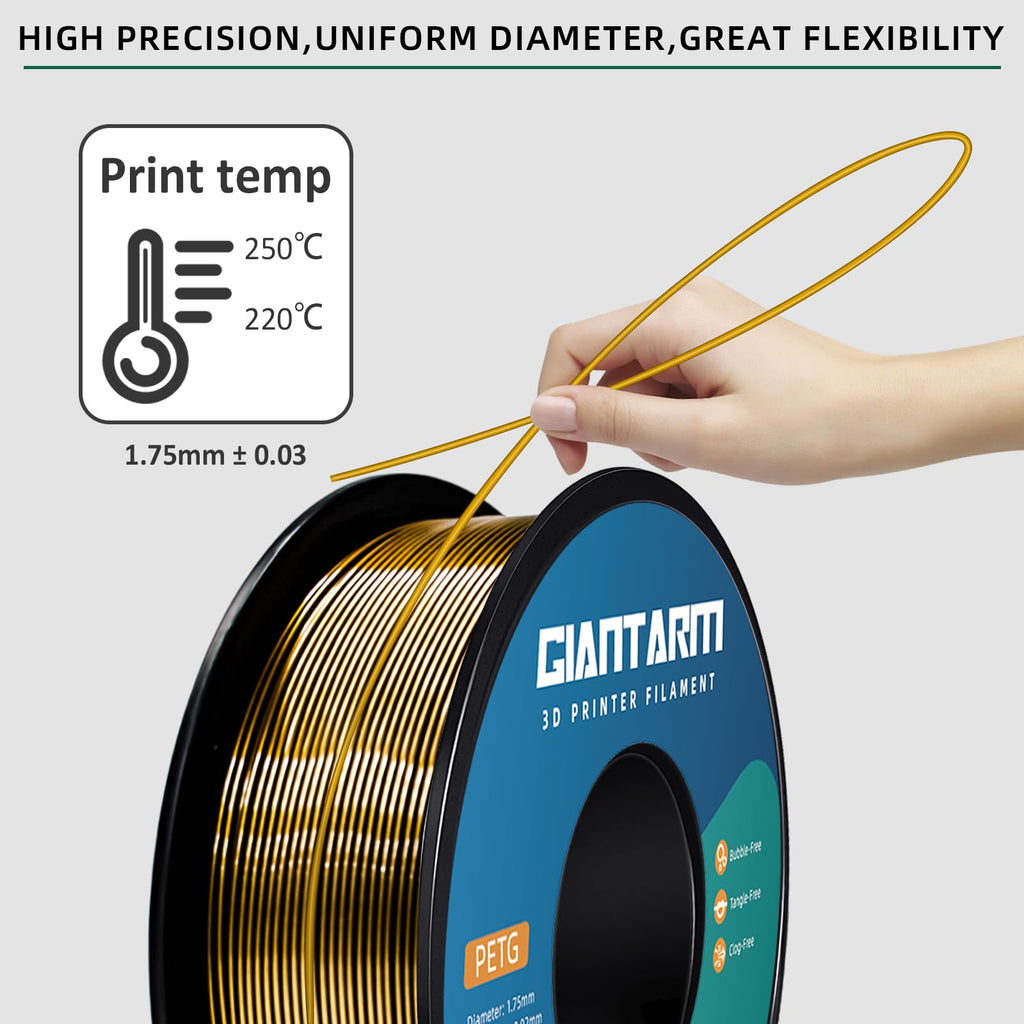GIANTARM PETG 3D Printer Filament 1.75mm Metal Copper, Dimensional Accuracy +/-0.03mm, 1kg (2.2lbs), 1080 Feet （330m） Per Roll, Vacuum Packaging, Toughness Enhanced, Fit for Most 3D FDM Printer