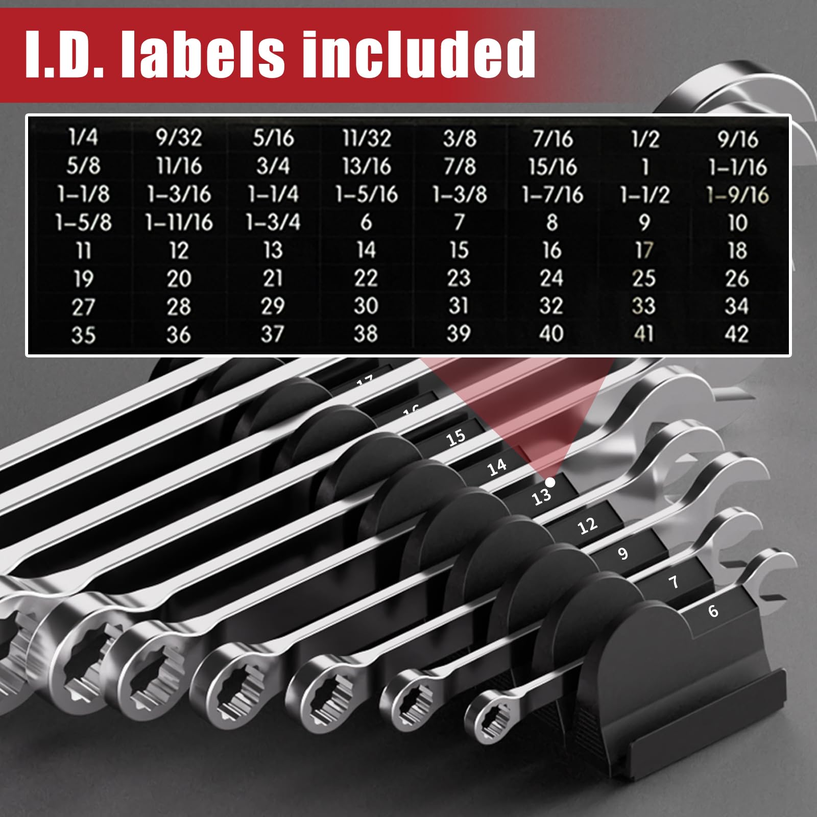 48 pcs Modular Wrench Organizers for Tool Drawers - Wrench Rack with Metric&SAE Labels, Perfect Tool Storage Holder. Gift for Father, Brother and Boyfriend (Black Without Magnet)