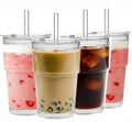 ALINK 4 Pack 16 oz Ribbed Glass Tumblers with Lids and Straws Glassware Cups Set, Thickened Glass, Ideal for Iced Coffee, Smoothies, Cocktails,Juices