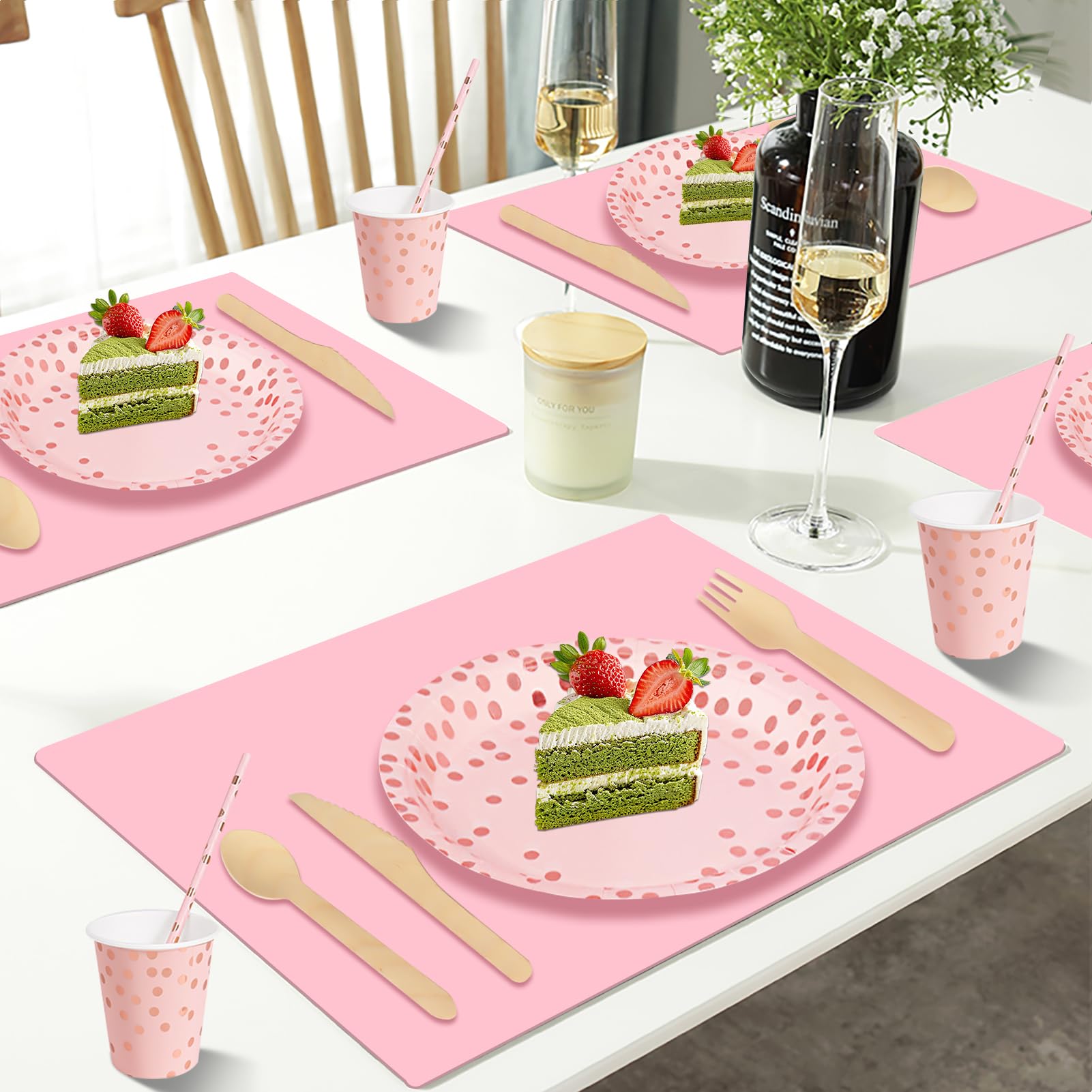 Nkaiso193Pcs Pink and Rose Gold Party Tableware, Party Paper Plates and Cutlery Set Includes Plates Cups Dinnerware Napkins, for Birthday Wedding Babyshower Decorations Supplies-24 Guests