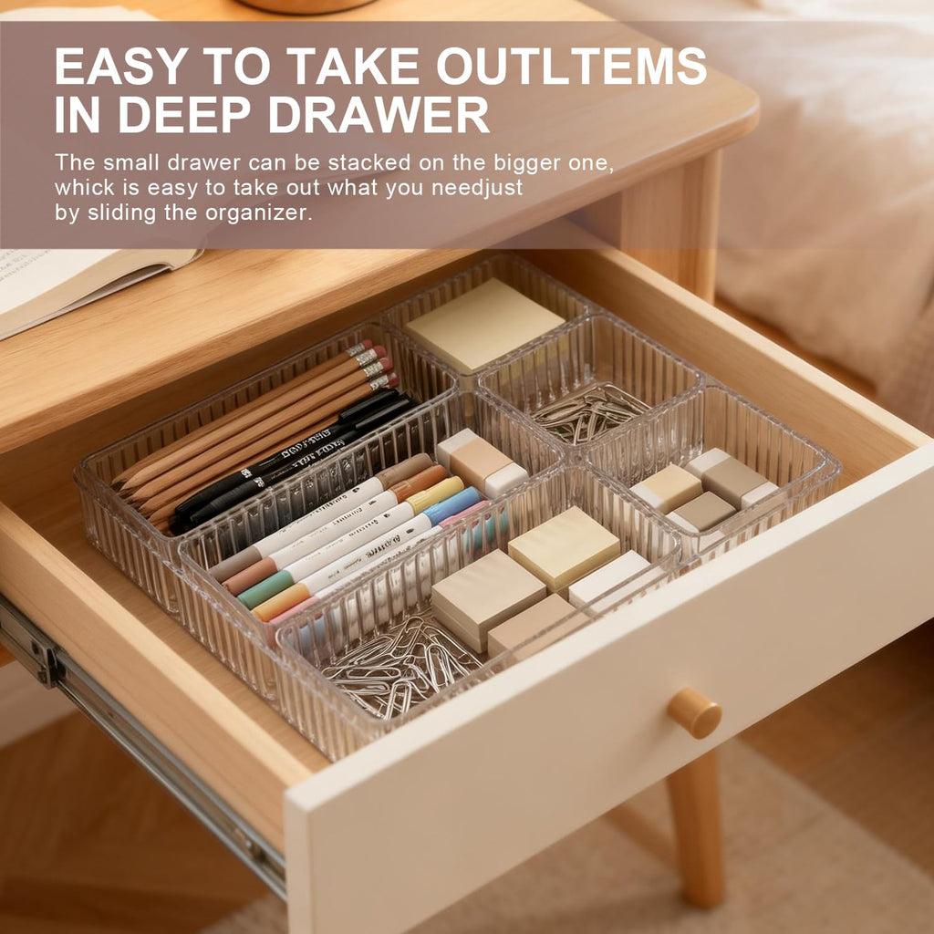 Clear Drawer Organizer Set,7PCS Acrylic Drawer Storage Trays,Stackable makeup divider tray,Plastic Containers,Storage Bins for Makeup,Jewelry, Gadgets,Office,Kitchen, Bedroom,Bathroom