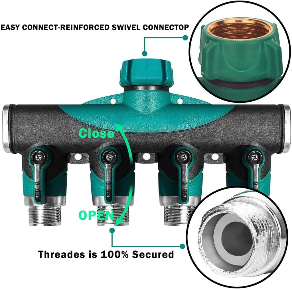 VASLON Hose Spliter 4 Way Garden Hose Splitter Heavy Duty Water Hose Adapter Connector 3/4" Hose Faucet Manifold,Ideal for Lawns,Garden,Drip Irrigation