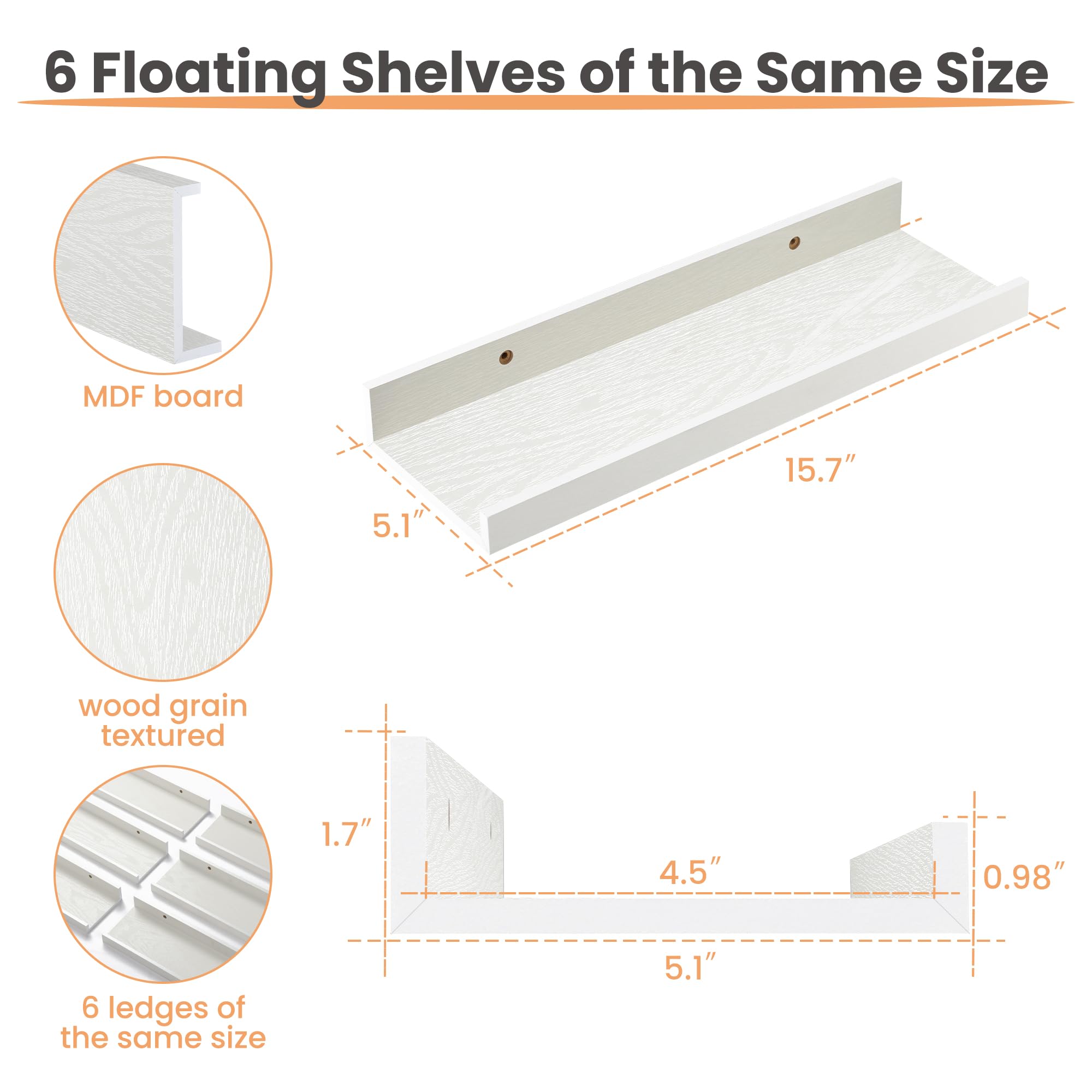 upsimples Floating Shelves for Wall, Decor Storage Set of 6, Wall Mounted Wood Shelves for Bedroom, Living Room, Bathroom, Kitchen, Picture Ledge Shelves, White