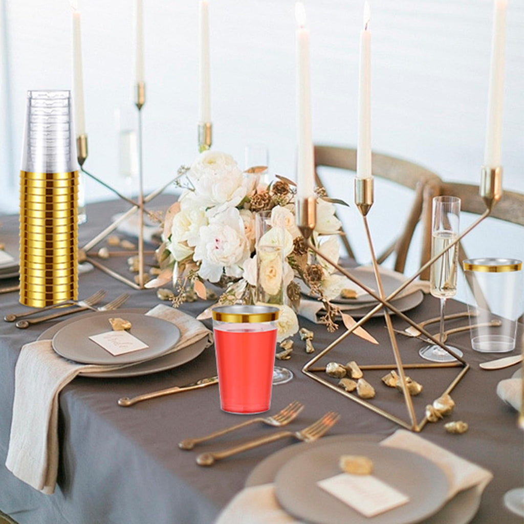 60PCS 12oz Plastic Cups with Gold Rim, Clear Plastic Cups, Heavy-Duty Disposable Hard Plastic Glasses, Party Cups for Wedding Birthday Party Bridal Showers Christmas Picnic