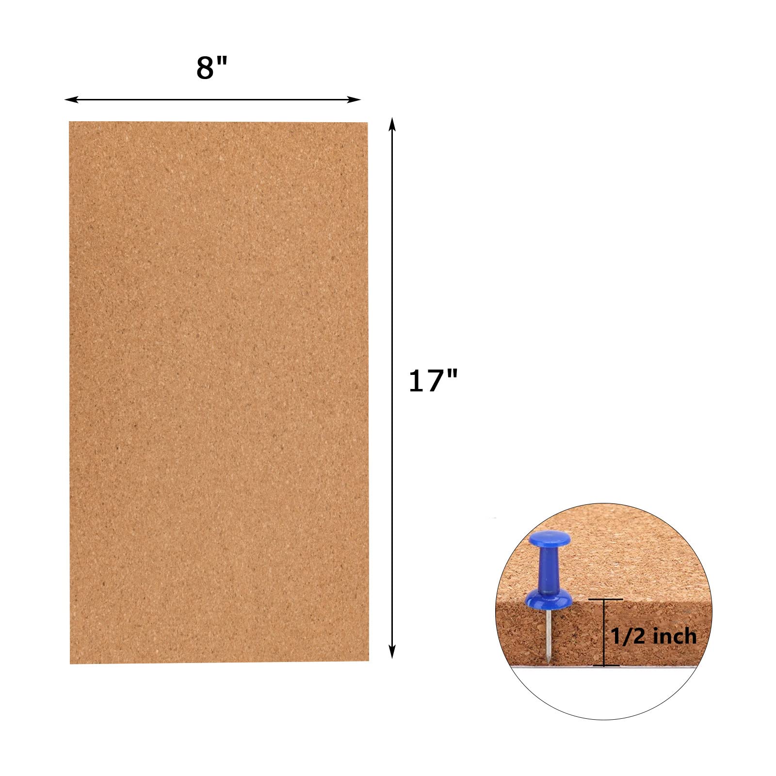6 Pack Cork Bulletin Board,1/2" Thick Cork Boards Frameless Cork Tiles,Self-Adhesive Corkboards Wall Decor Cork Board Tiles with 50 PCS Pushpins for Office, School and Home(17 x 8 Inch)