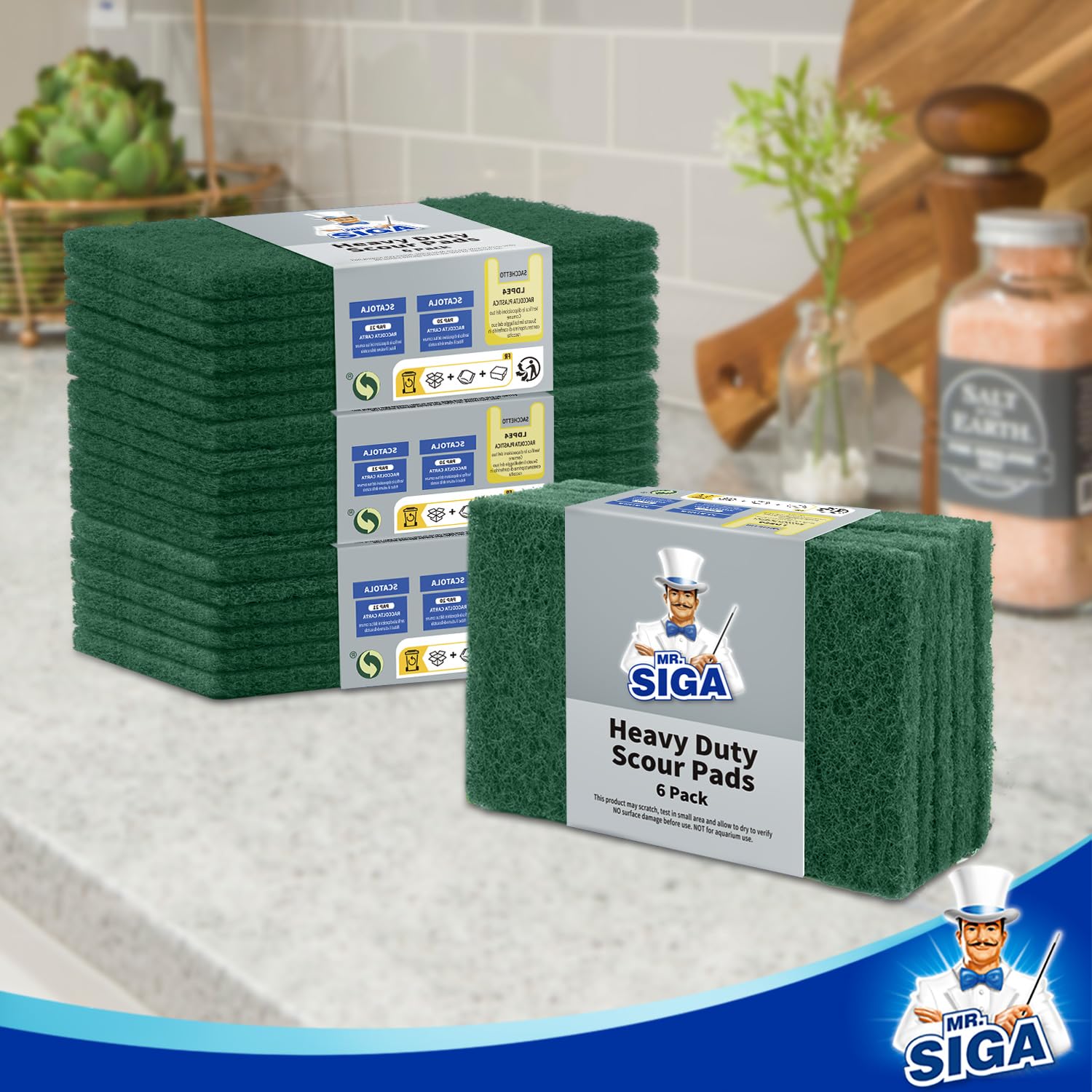 MR.SIGA Heavy Duty Scouring Pads, Household Scrubber for Kitchen, Sink, Dish, 24-Pack, 3.9 x 5.9 inch (10 x 15 cm), Green
