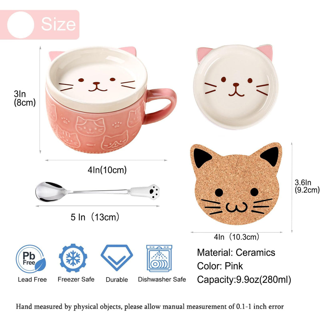 Gifts for Women,Pink Cat Kawaii Coffee Mugs with Lids,Christmas Birthday Gifts for Girls,Friends,Mom,Novelty Animal Ceramic Tea Cup,Dessert Saucer Set