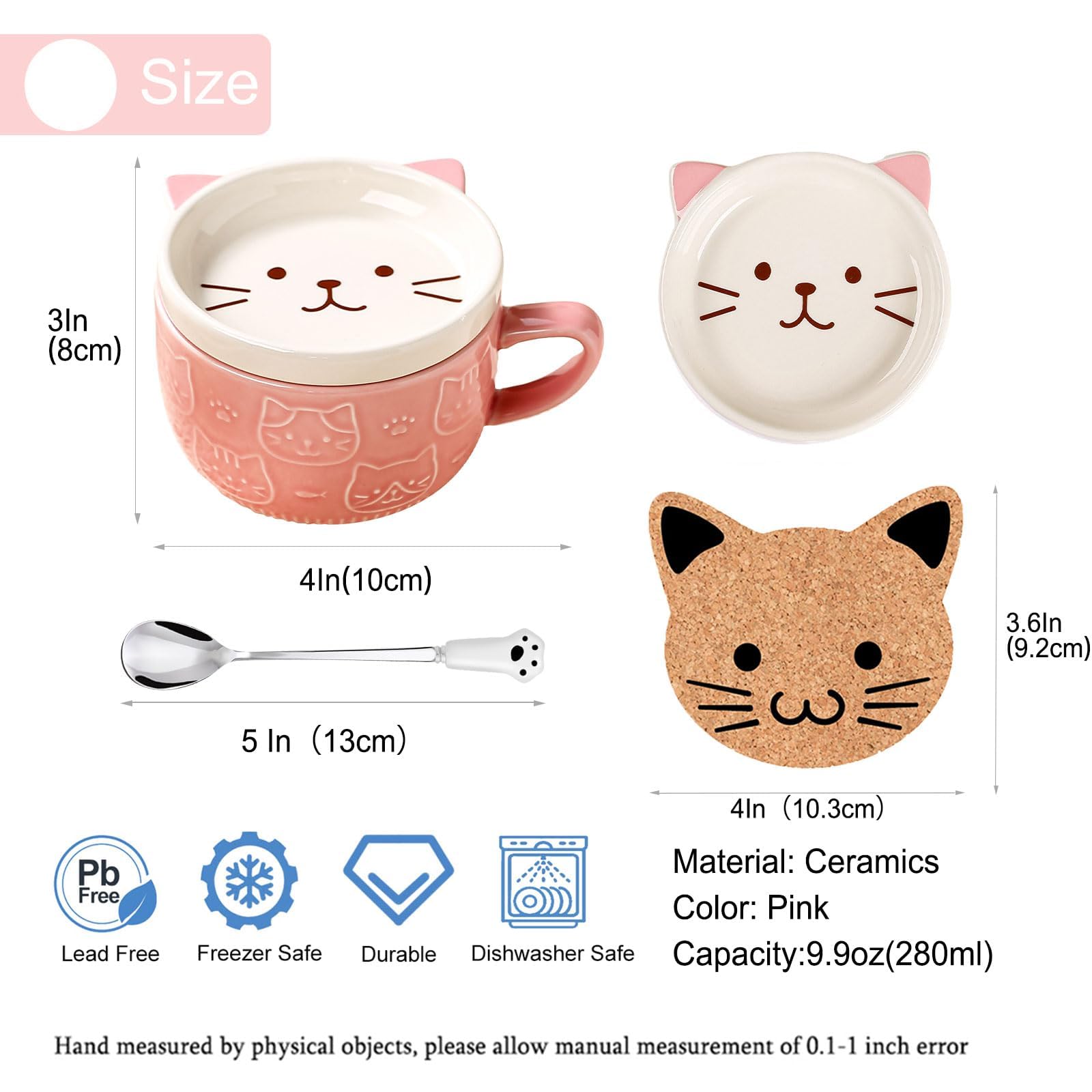 Gifts for Women,Pink Cat Kawaii Coffee Mugs with Lids,Christmas Birthday Gifts for Girls,Friends,Mom,Novelty Animal Ceramic Tea Cup,Dessert Saucer Set