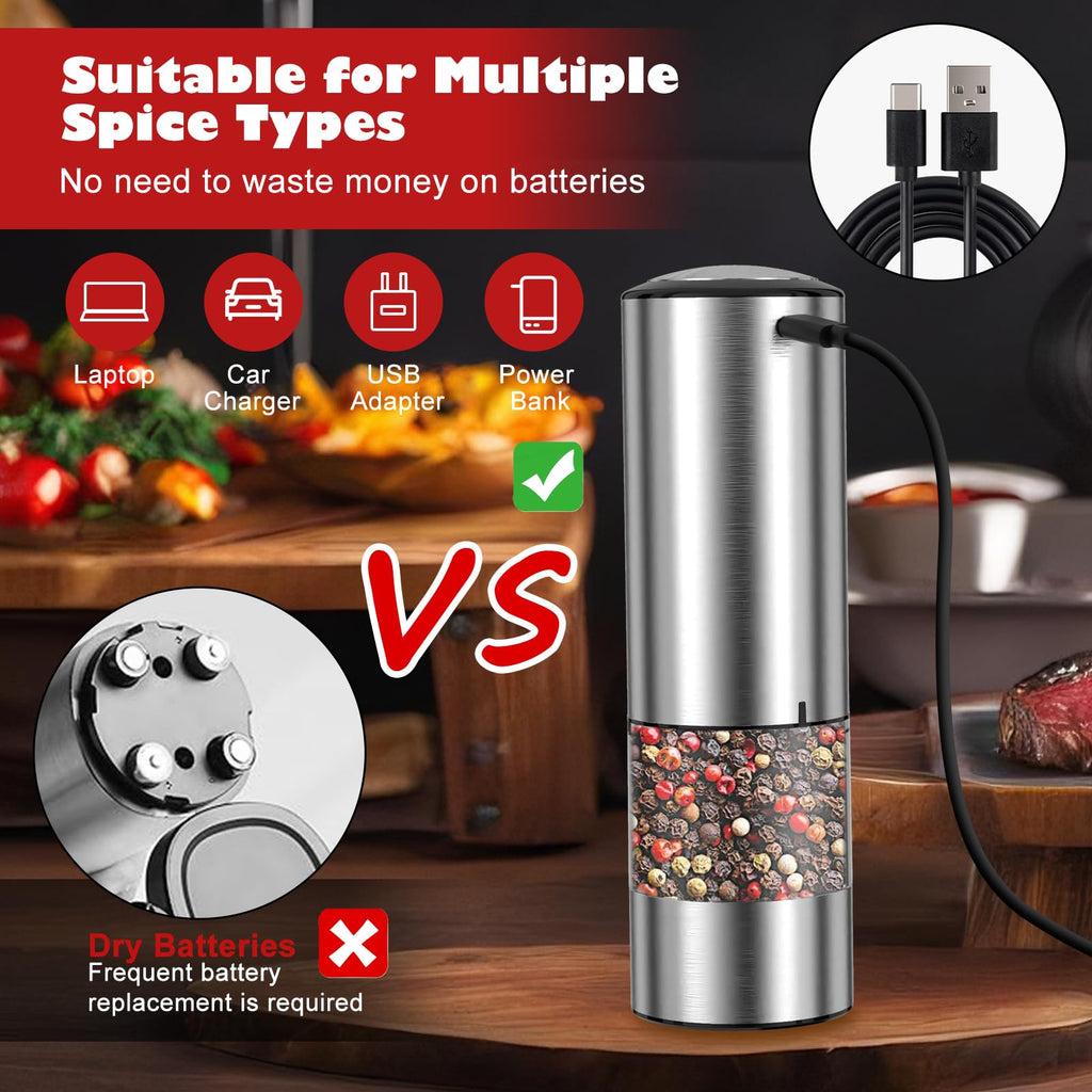Rechargeable Electric Salt Pepper Grinder - Electric Salt or Pepper Mill with Ceramic Grind Refillable Salt Grinder Adjustable Coarseness Pepper Mills Automatic Salt Pepper Shaker