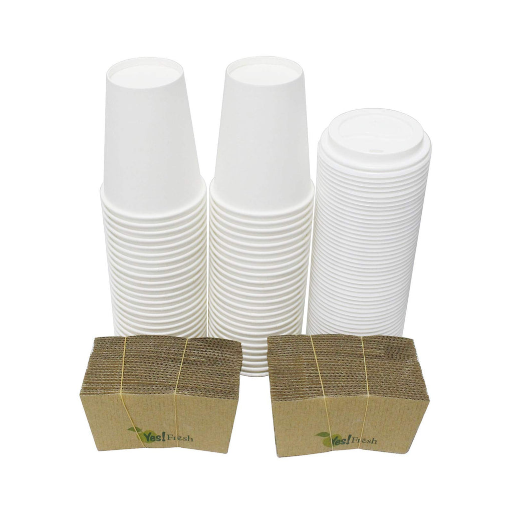 Durable White Paper Hot Coffee Cups with Cappuccino Lids and Protective Corrugated Cup Sleeves, Qty of 50 (White 12oz)