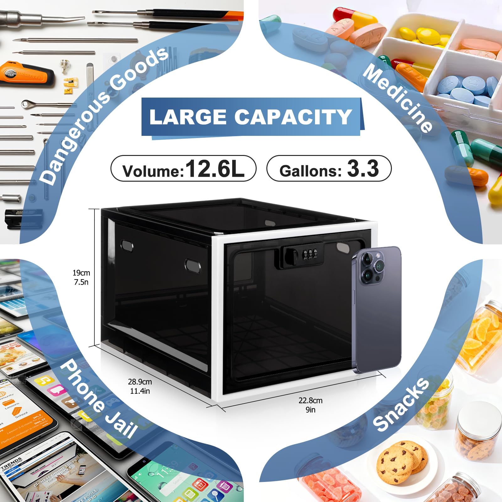 Lockable Box, Medicine Lock Box for Safe Medication, Premium Material Lockable Storage Box Locking Organizer Bin for Fridge Food/Snacks/Phone/Tablet Jail/Home Safety