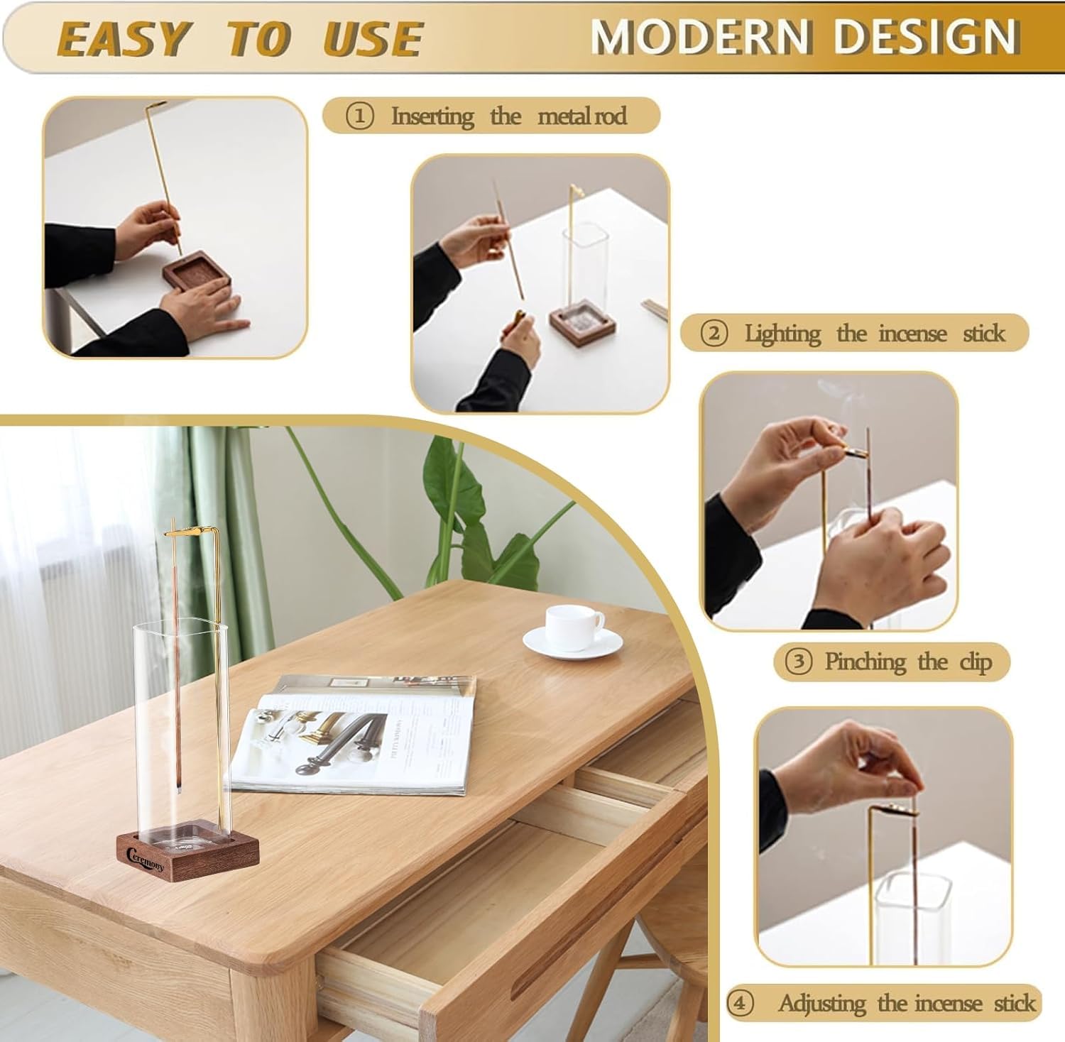 Ceremony Incense Holder, Wooden Incense Holder for Sticks with Glass Ash Catcher, Anti-ash Incense Burner with a Ash Brush for Meditation Yoga Spa Room Decor