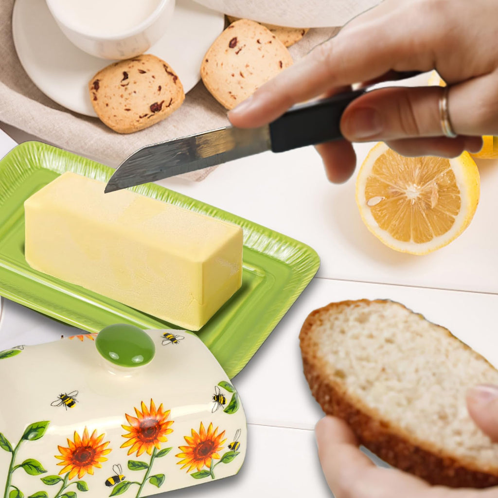 Butter Dish with Lid for Countertop, Sunflower Butter Keeper Holder, 7.5”x4.3” Large Ceramic Butter Tray Storage Sunflower Decor Mother's Day Gifts
