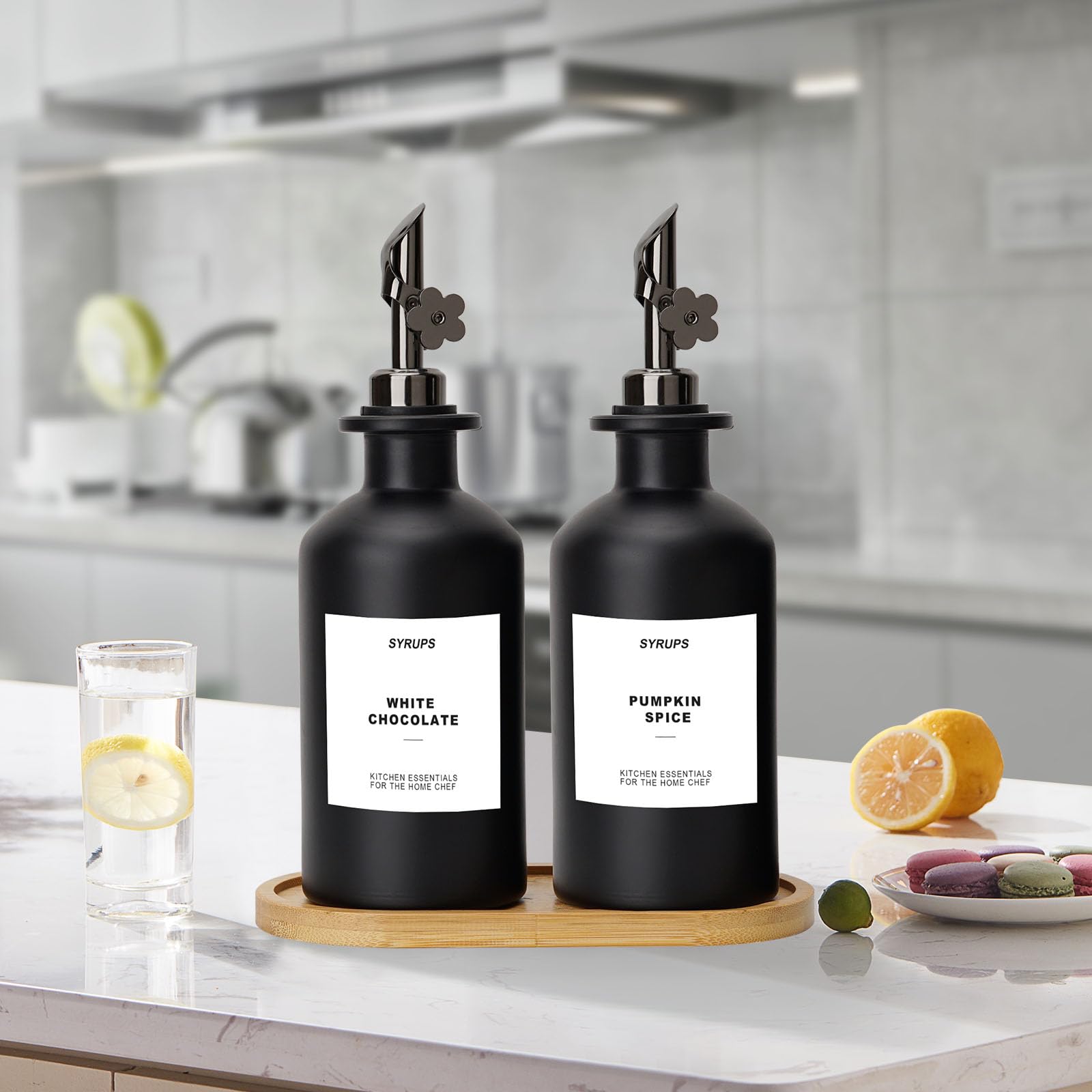 Sunal Olive Oil Dispenser Bottles with Tray,Set of 2 Black Olive Oil Dispenser,350ml/11.8oz Glass Oil and Vinegar Dispenser Set for Kitchen with Weighted Pourer and Waterproof Label&Silicone funnel