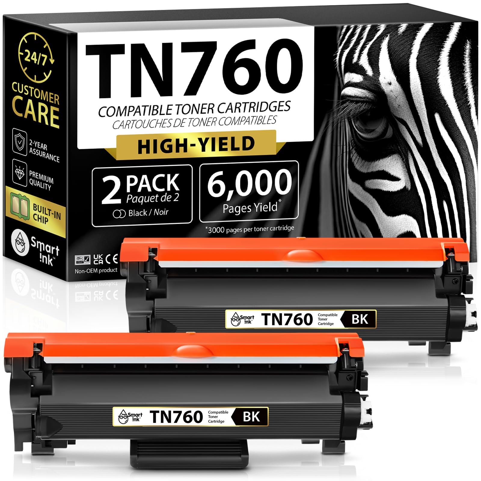 Smart Ink Compatible TN760 Toner Cartridge Replacement for Brother TN 760 TN730 2 Pack (CHIP) to use with HL-L2390DW DCP-L2550DW HL-L2350DW HL-L2370DW MFC-L2710DW HL-L2370DWXL MFC-L2730DW MFC-L2750DW