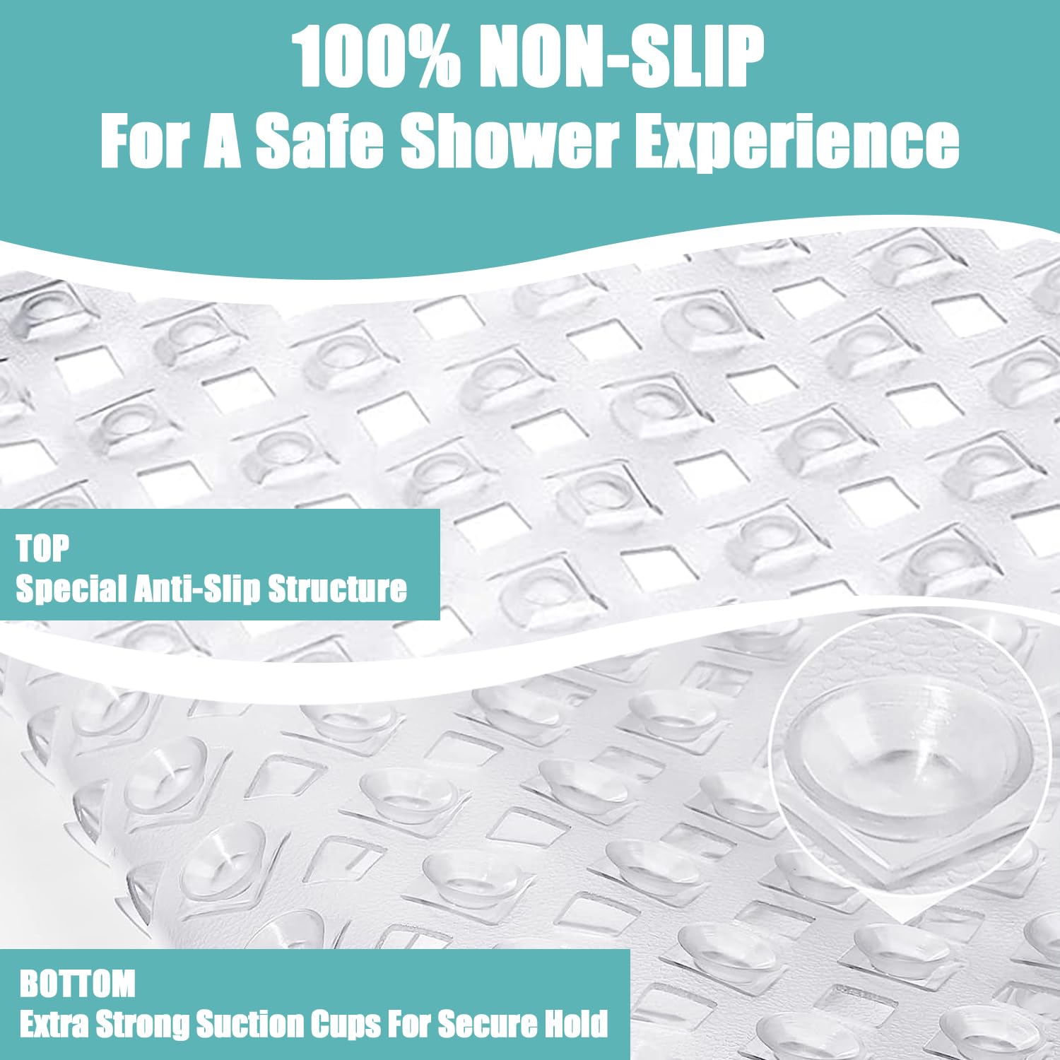 Non Slip Shower Mat Square: Mildew Resistant Shower Anti Slip Mat with Drain Holes - 165 Suction Cups Shower Floor Anti Slip Mat for Stall