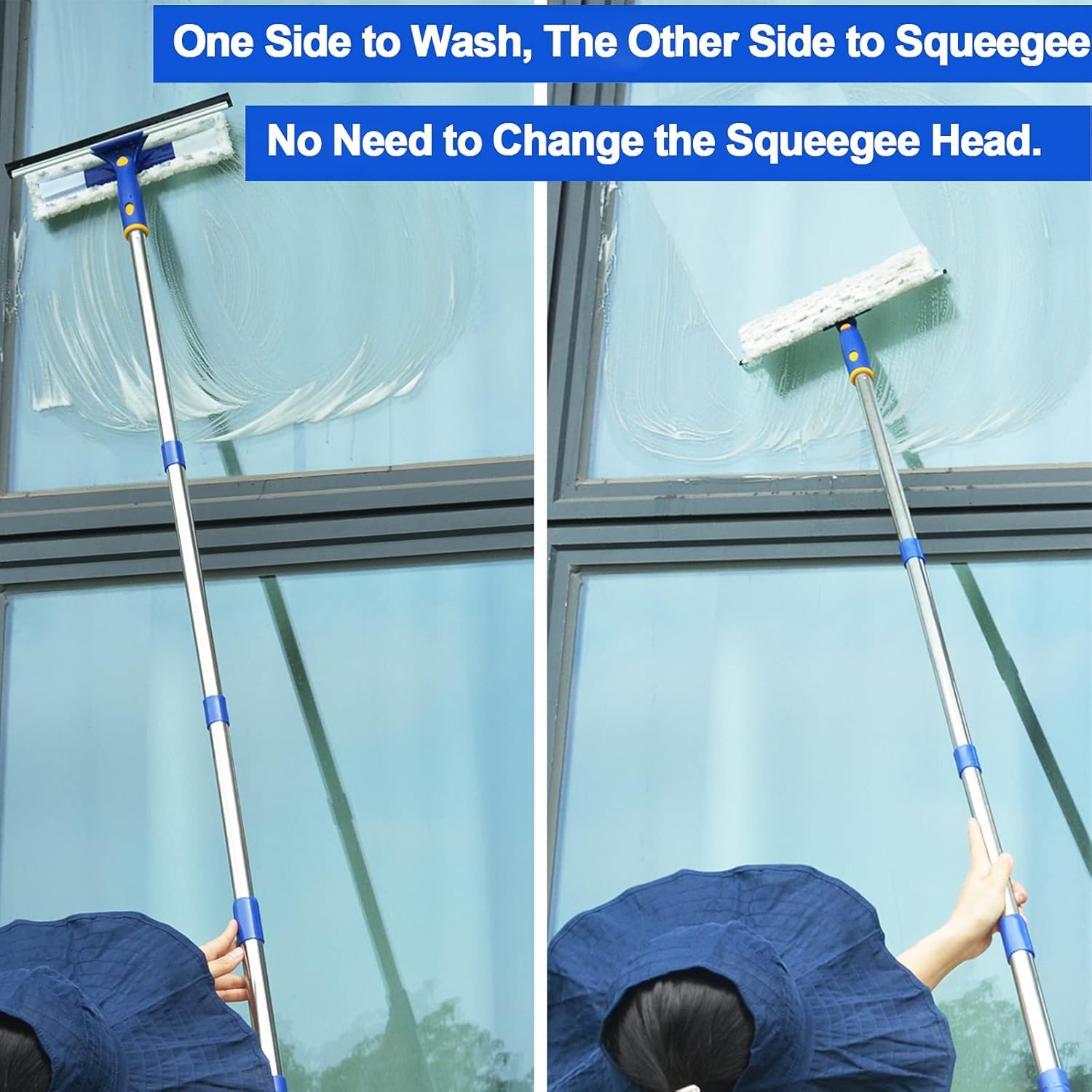 ITTAHO 81" Window Squeegee Cleaner,2 in 1 Window Cleaning Tool Kit,Shower Squeegee with Extension Pole，Glass Cleaning Tools for Shower Glass,Indoor/Outdoor High Window Cleaning-Two Pads