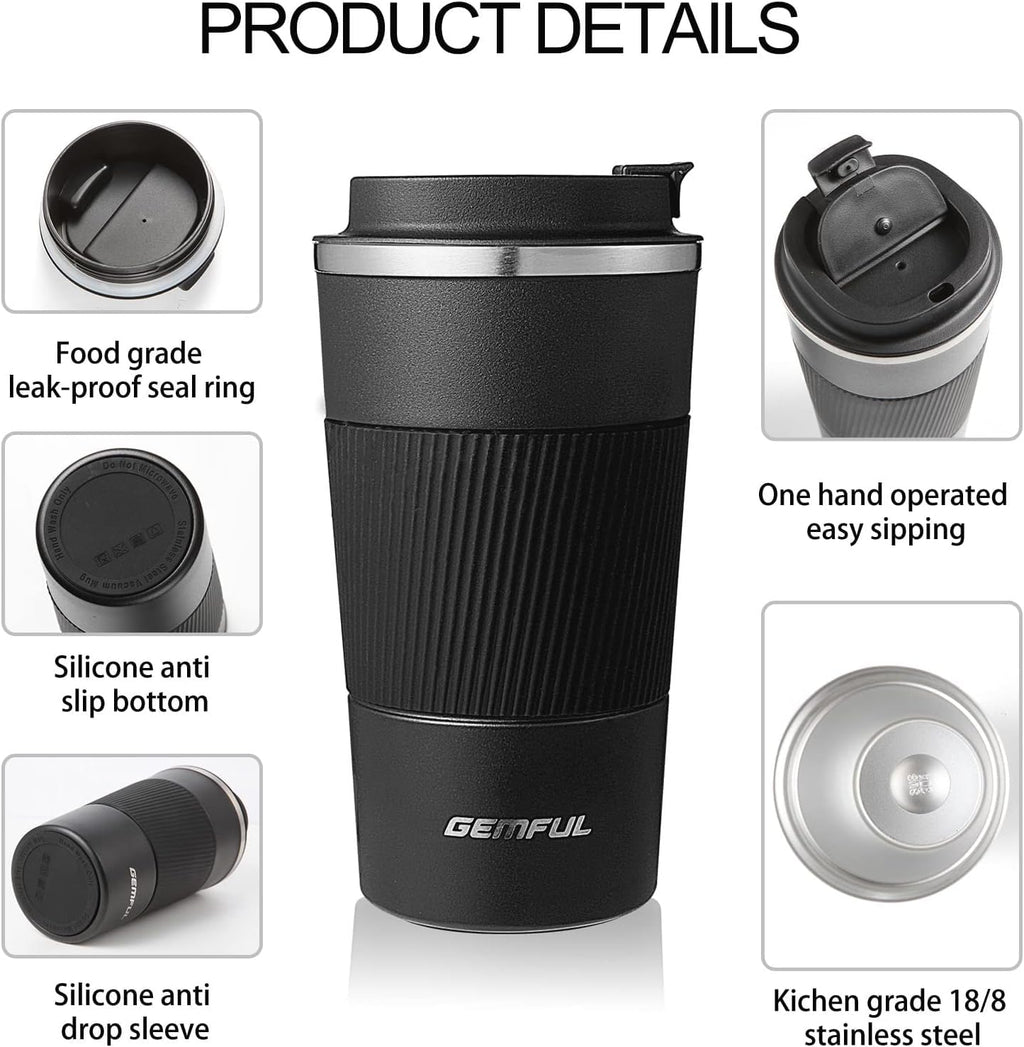 GEMFUL 17 oz Travel Coffee Mug Insulated Leak Proof Coffee Cup with Lid Stainless Steel to Go Coffee Tumblers for Men Women Hot Drinks Office Tasse a Cafe isotherme Black