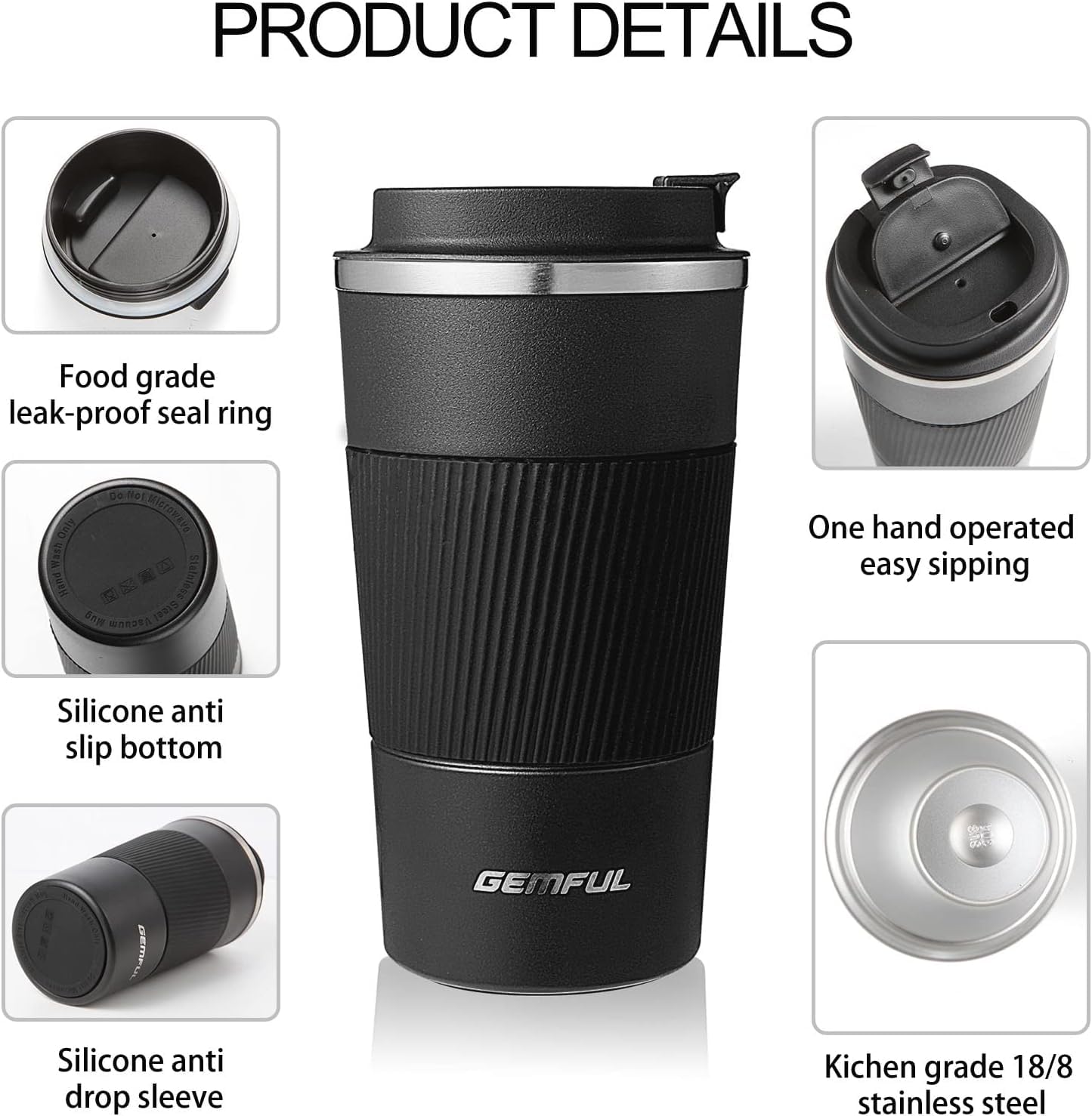 GEMFUL 17 oz Travel Coffee Mug Insulated Leak Proof Coffee Cup with Lid Stainless Steel to Go Coffee Tumblers for Men Women Hot Drinks Office Tasse a Cafe isotherme Black