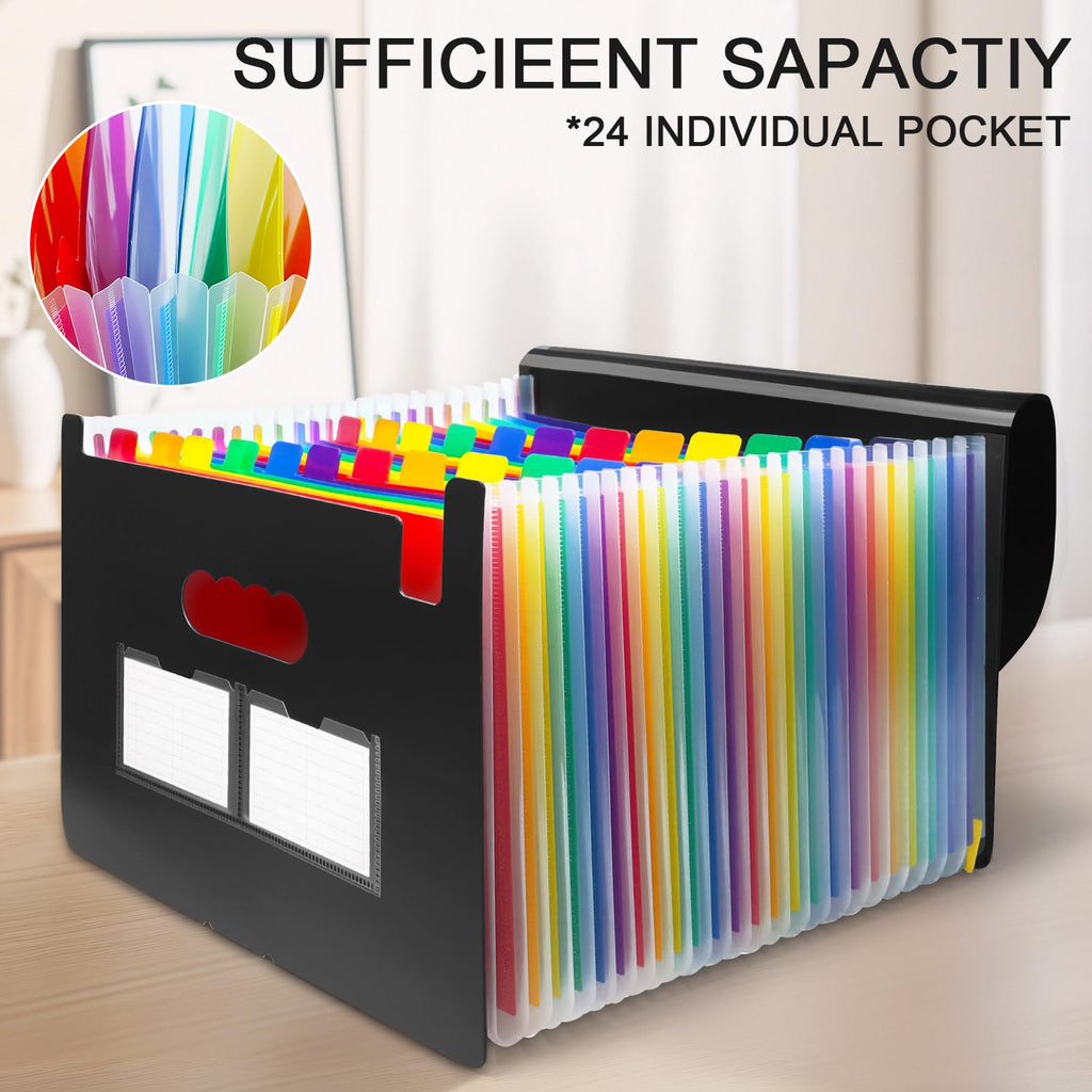 2 Pack 24 Pockets Expanding File Folder with Handle, A4 Letter Size Portable Accordian File Organizer, Document Folder with Handle for School, Office, Home