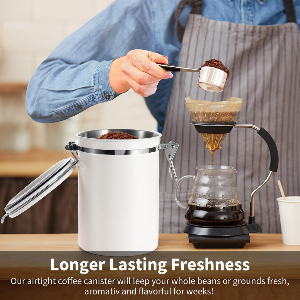 Olyzer Stainless Steel Coffee Canister 22 oz, Airtight Coffee Storage Container with Scoop, Date Tracker & CO2 Releasing Valves, for Grounds and Beans, White