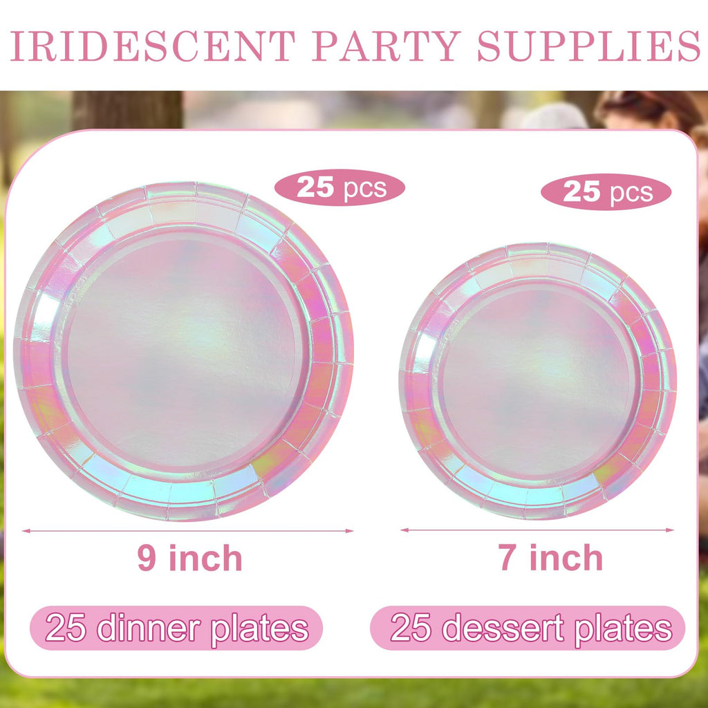 Newtay 50 Pcs Iridescent Pink Paper Plates 7" and 9" Holographic Glitter Round Plates for Birthday Wedding Baby Shower Party Supplies