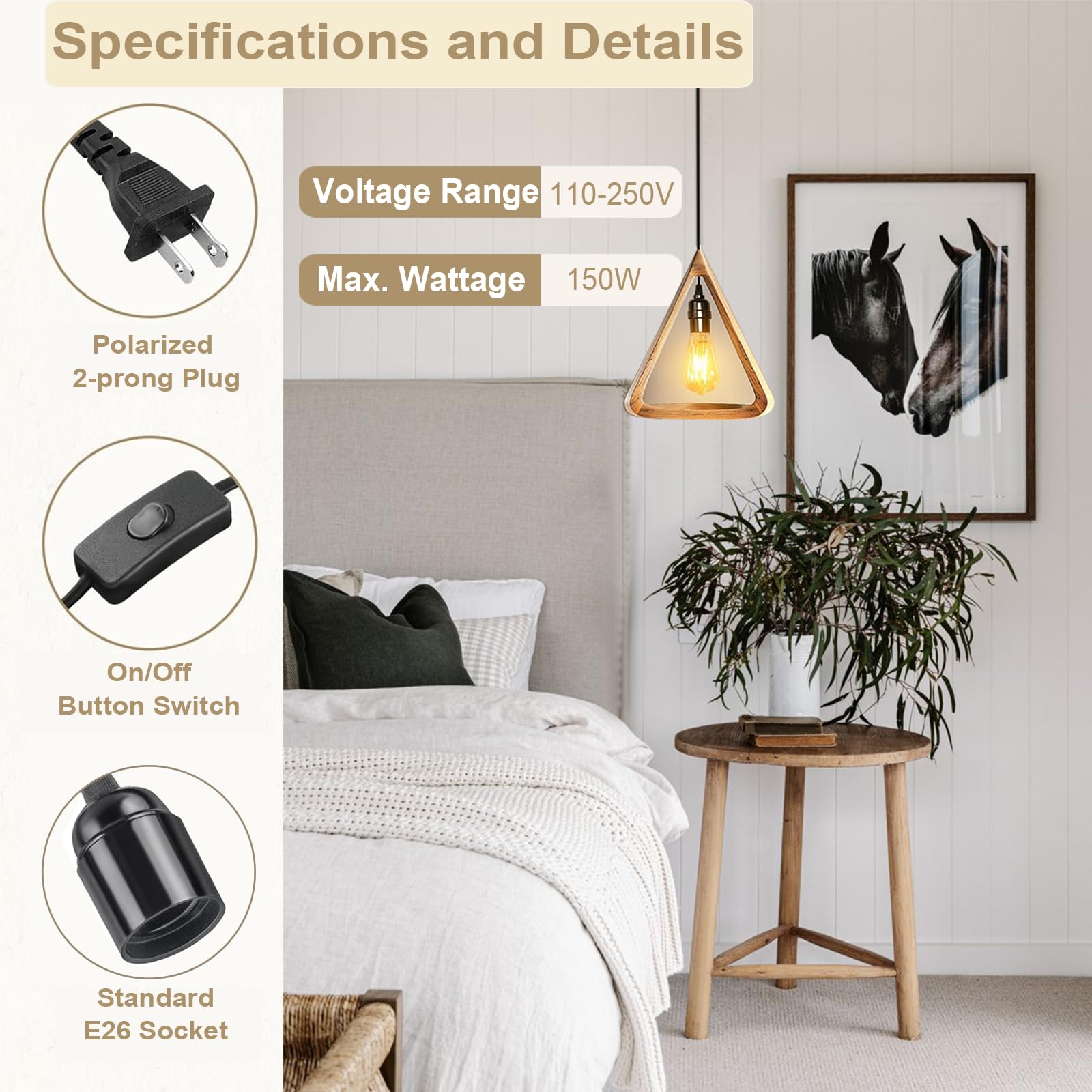 2 Pack Hanging Extention Light Cord (E26/E27 Light Socket with Cord) with On/Off Switch Button, Pendant Lamp Cord for Kitchen, Bedroom, Plant Growth Light